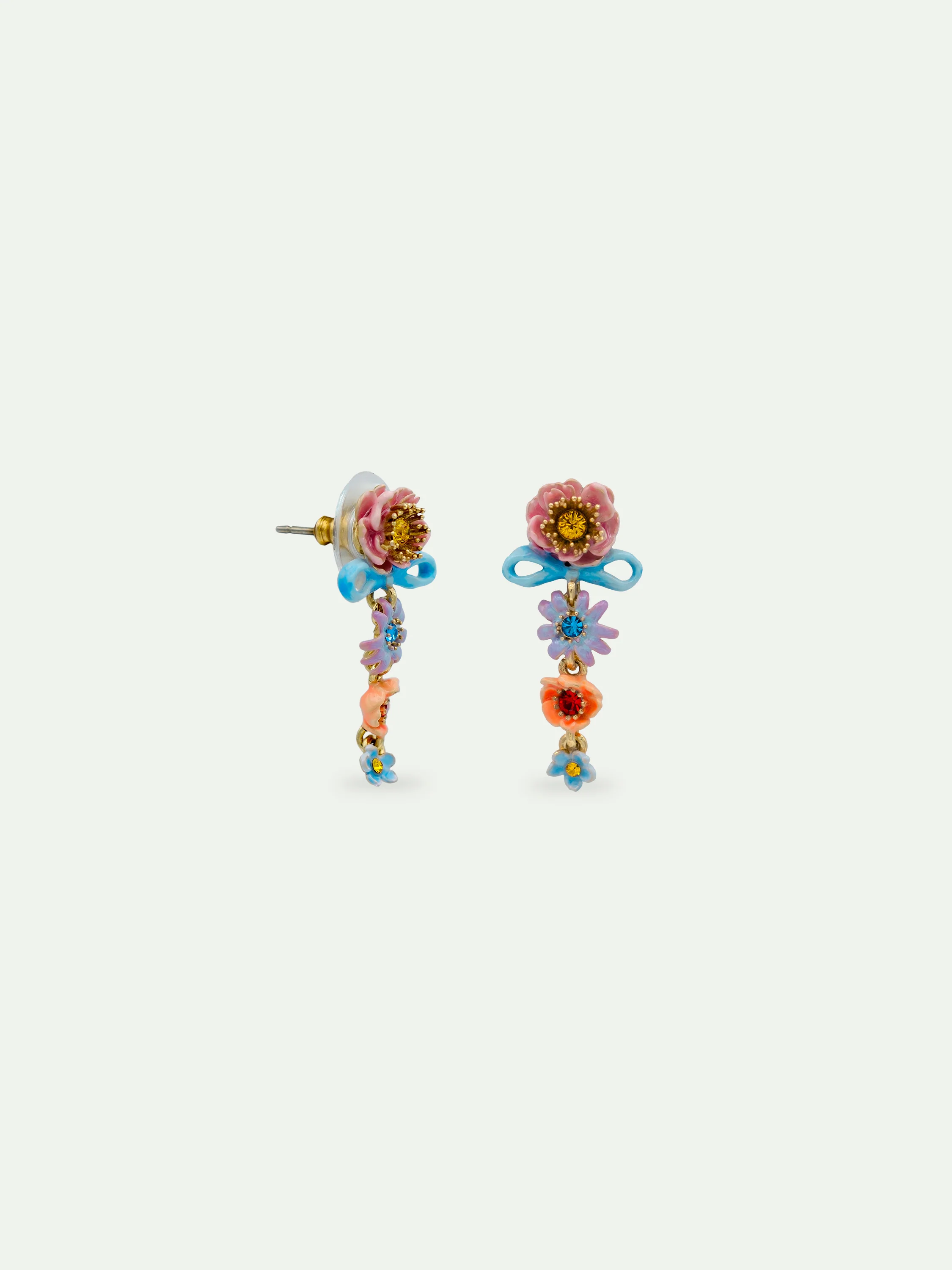 Pink and Blue Flowers and Fine Ribbon Dangle Post Earrings - Image 2