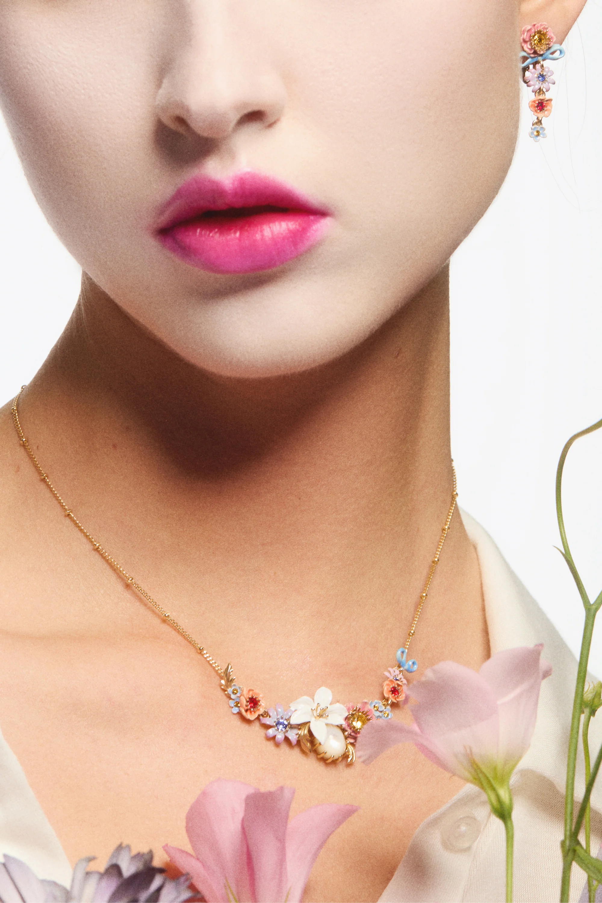 Pink and Blue Flowers and Fine Ribbon Dangle Post Earrings - Image 3