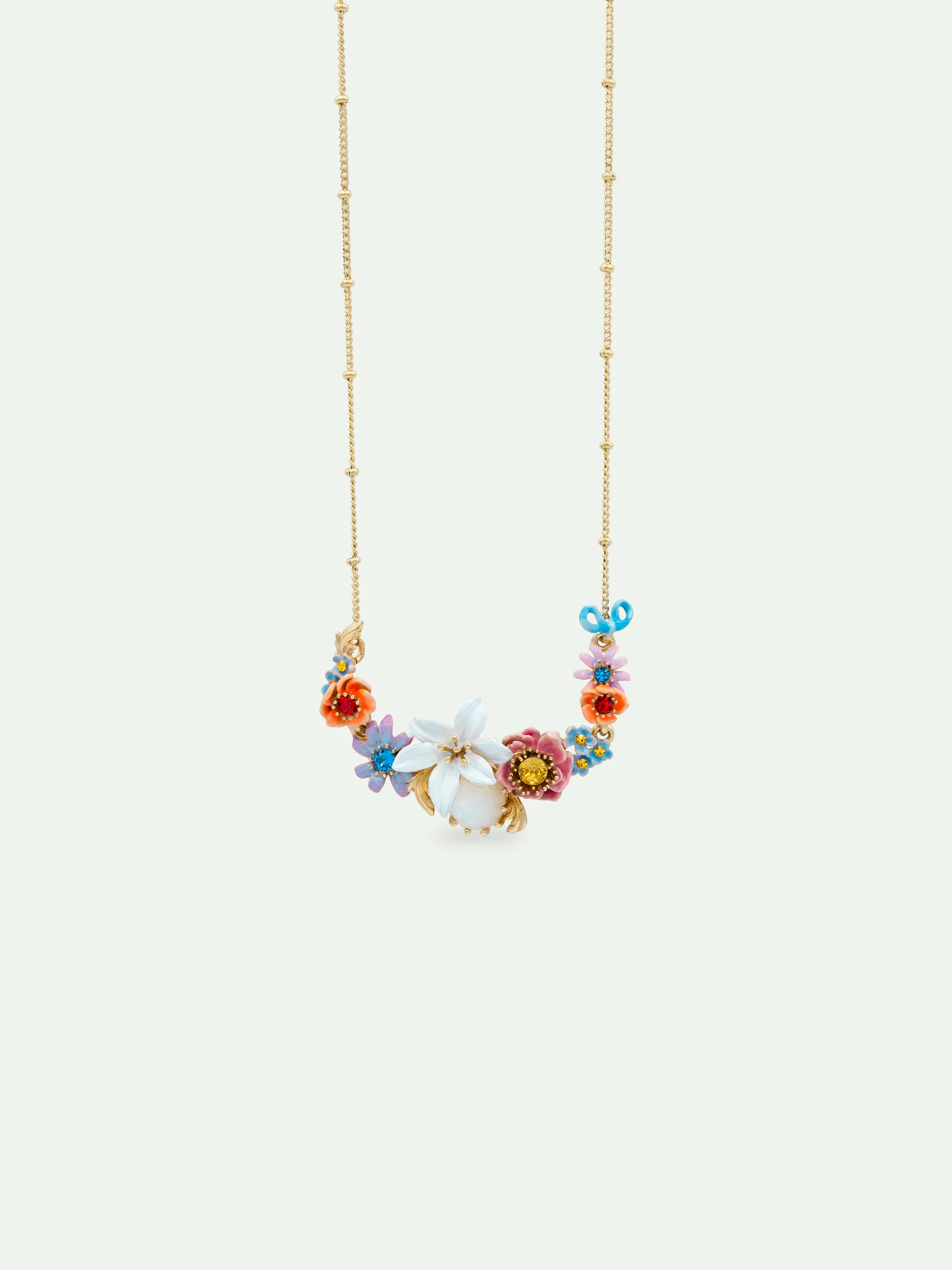 Pink and Blue Flowers, Lily and Mother of Pearl Round Stone Statement Necklace