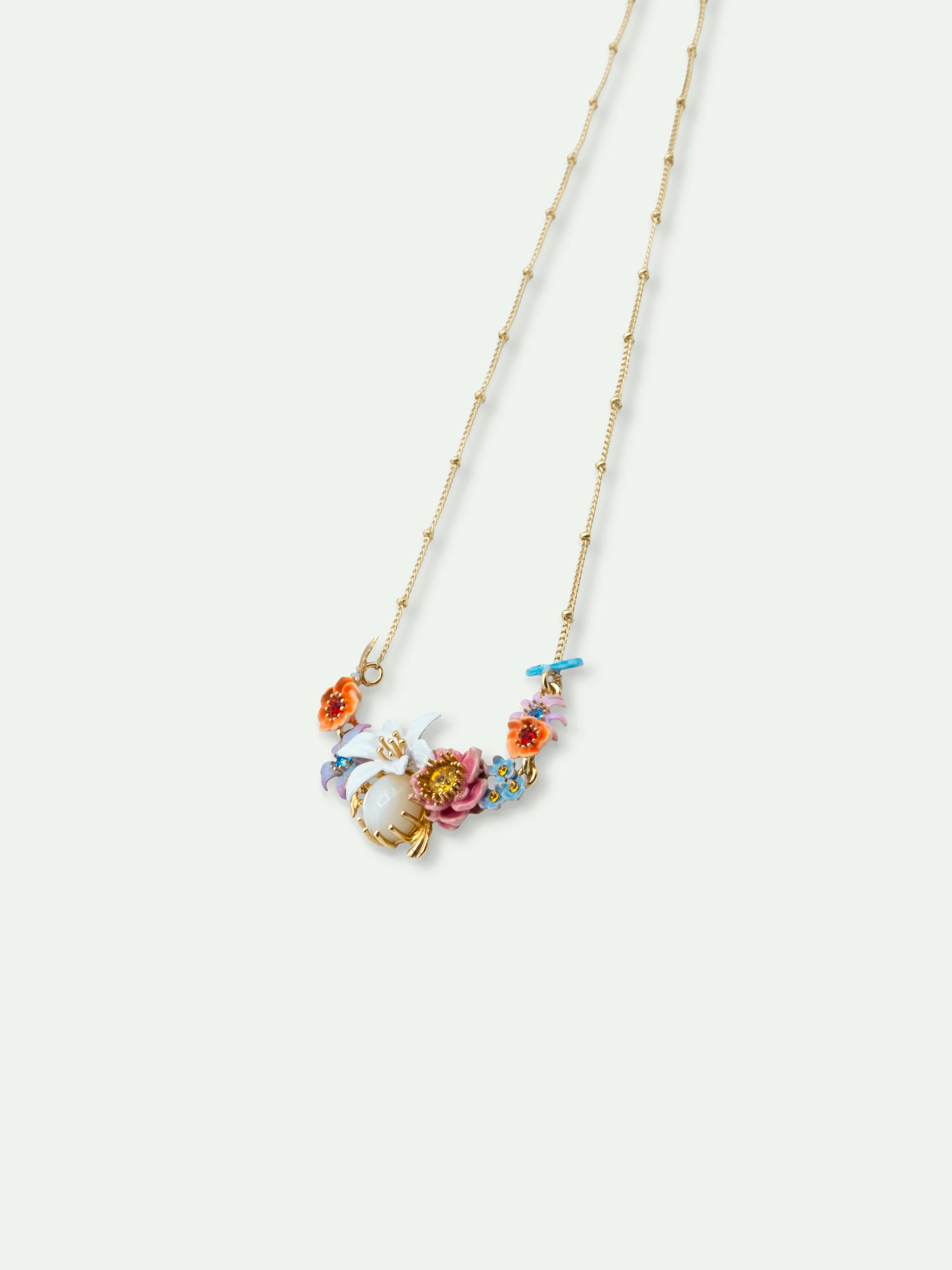 Pink and Blue Flowers, Lily and Mother of Pearl Round Stone Statement Necklace - Image 2