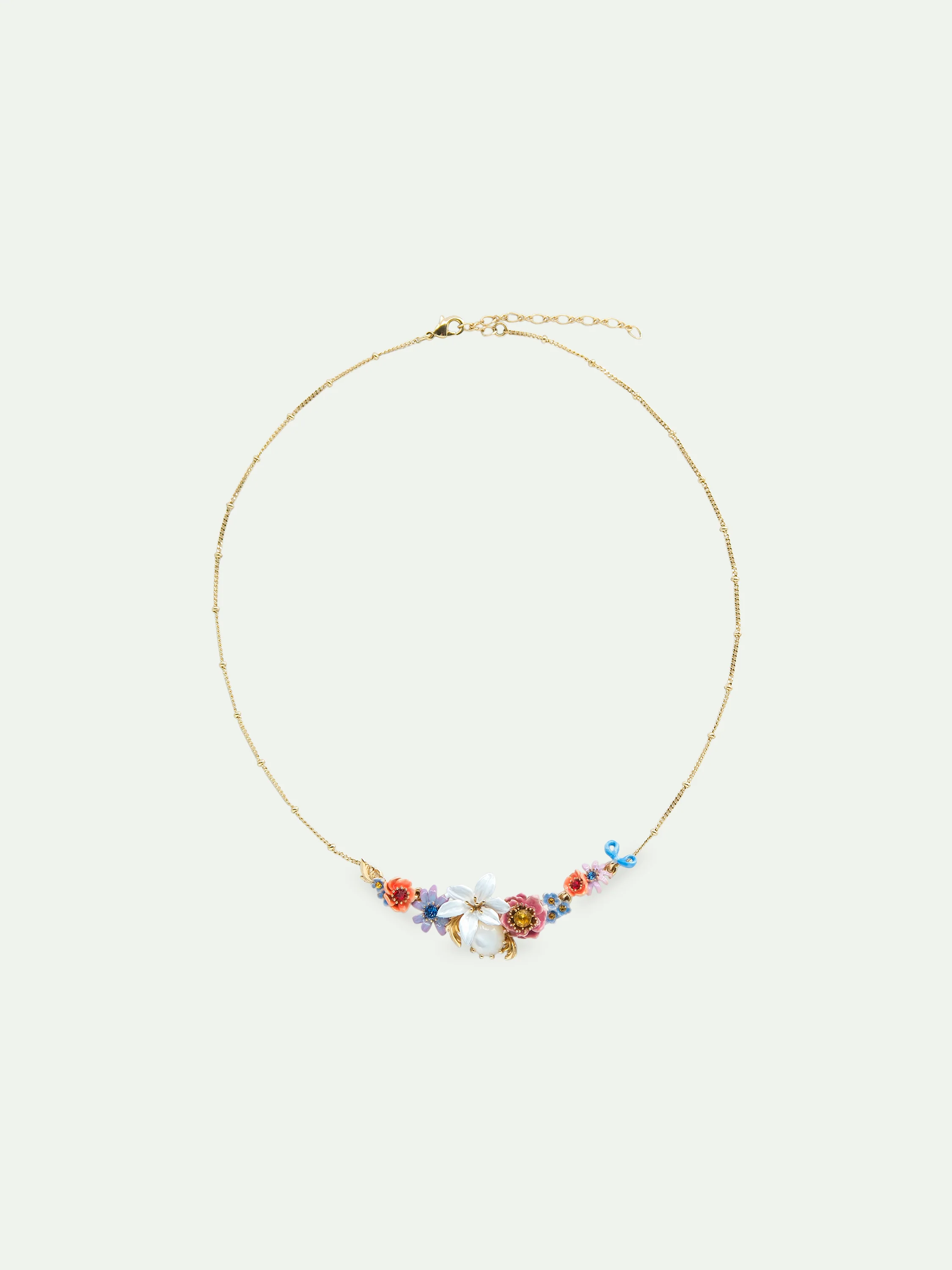 Pink and Blue Flowers, Lily and Mother of Pearl Round Stone Statement Necklace - Image 3