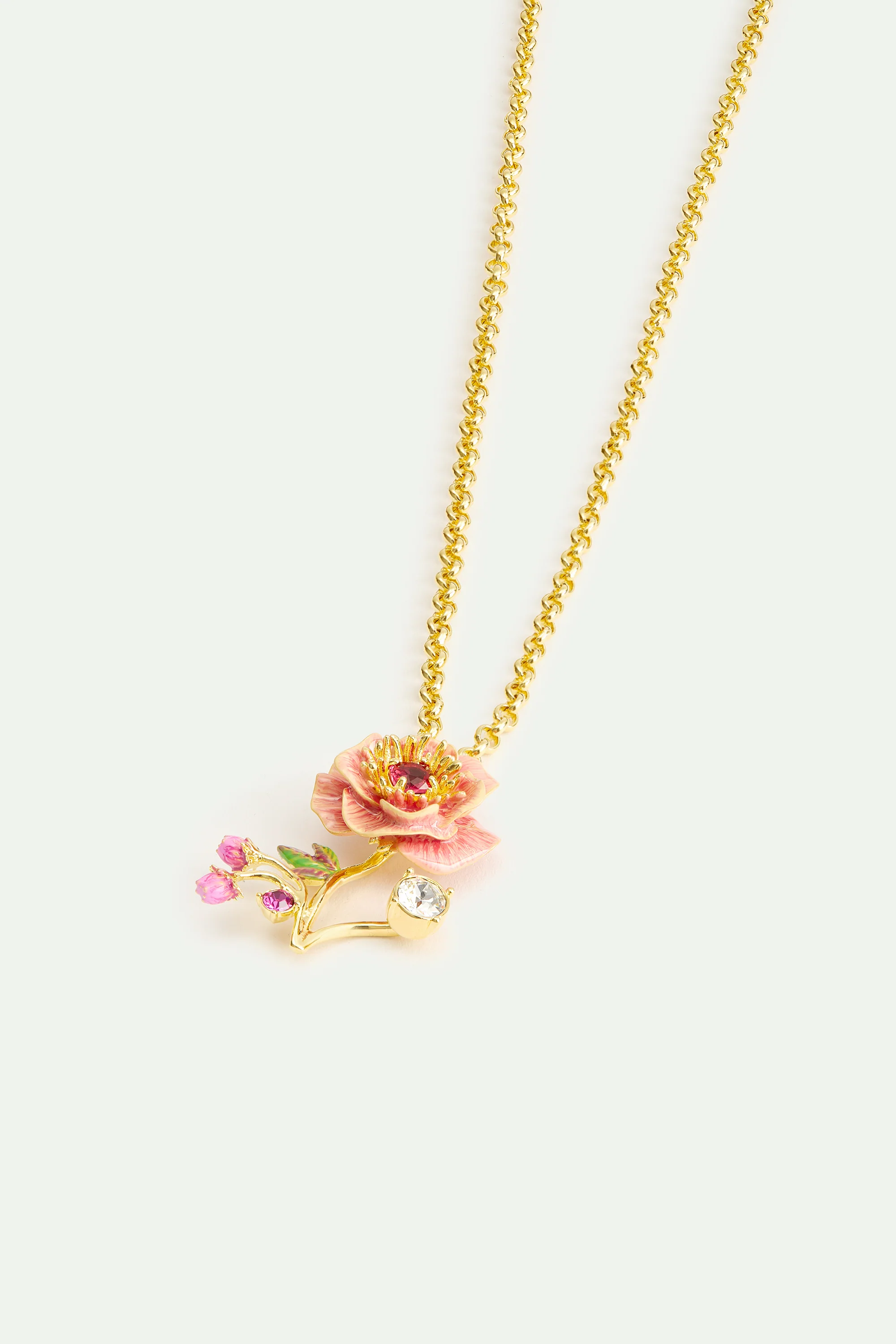 Pink Anemone, Rose Bud and Crystal Pendant Necklace - Image 2