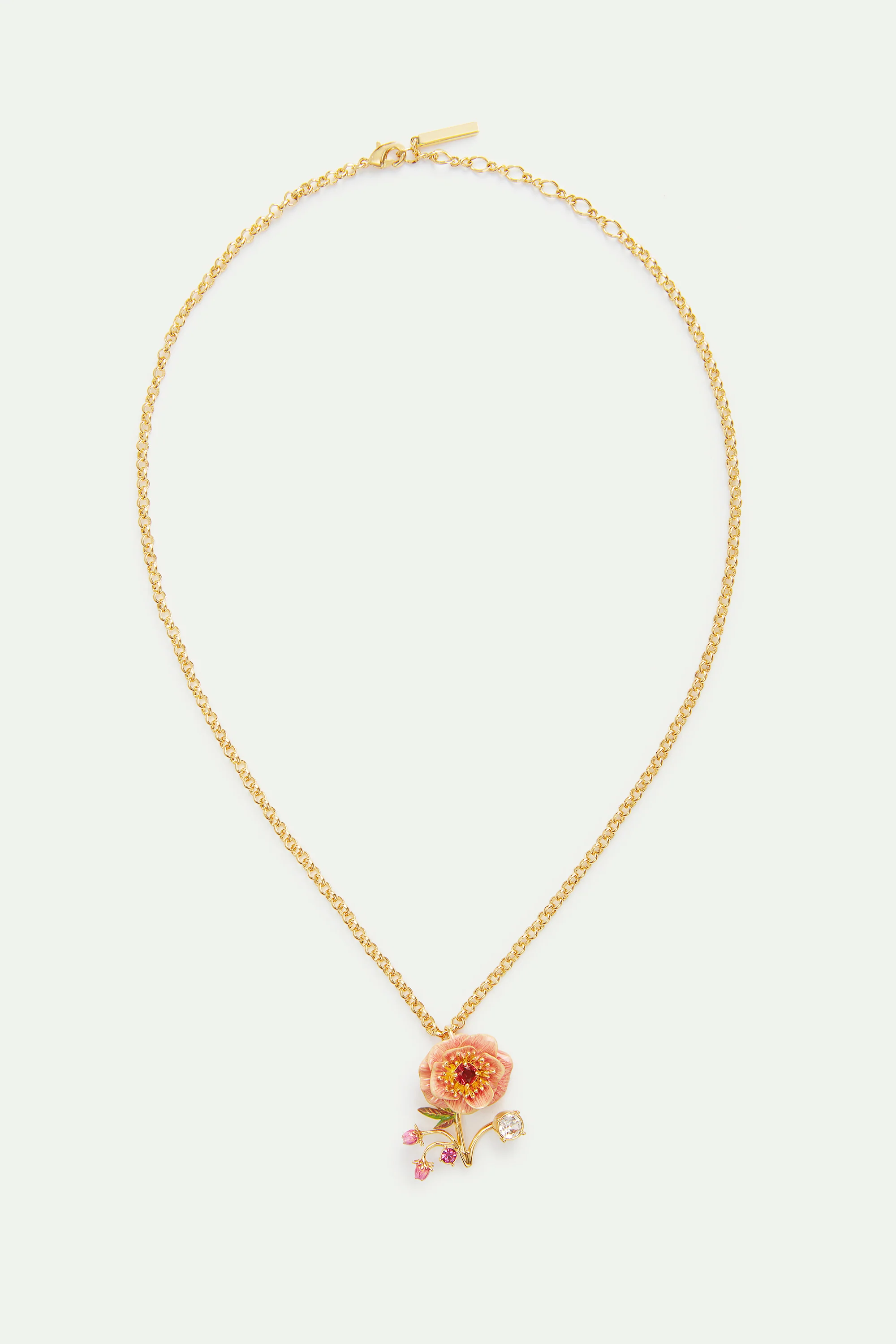 Pink Anemone, Rose Bud and Crystal Pendant Necklace - Image 3