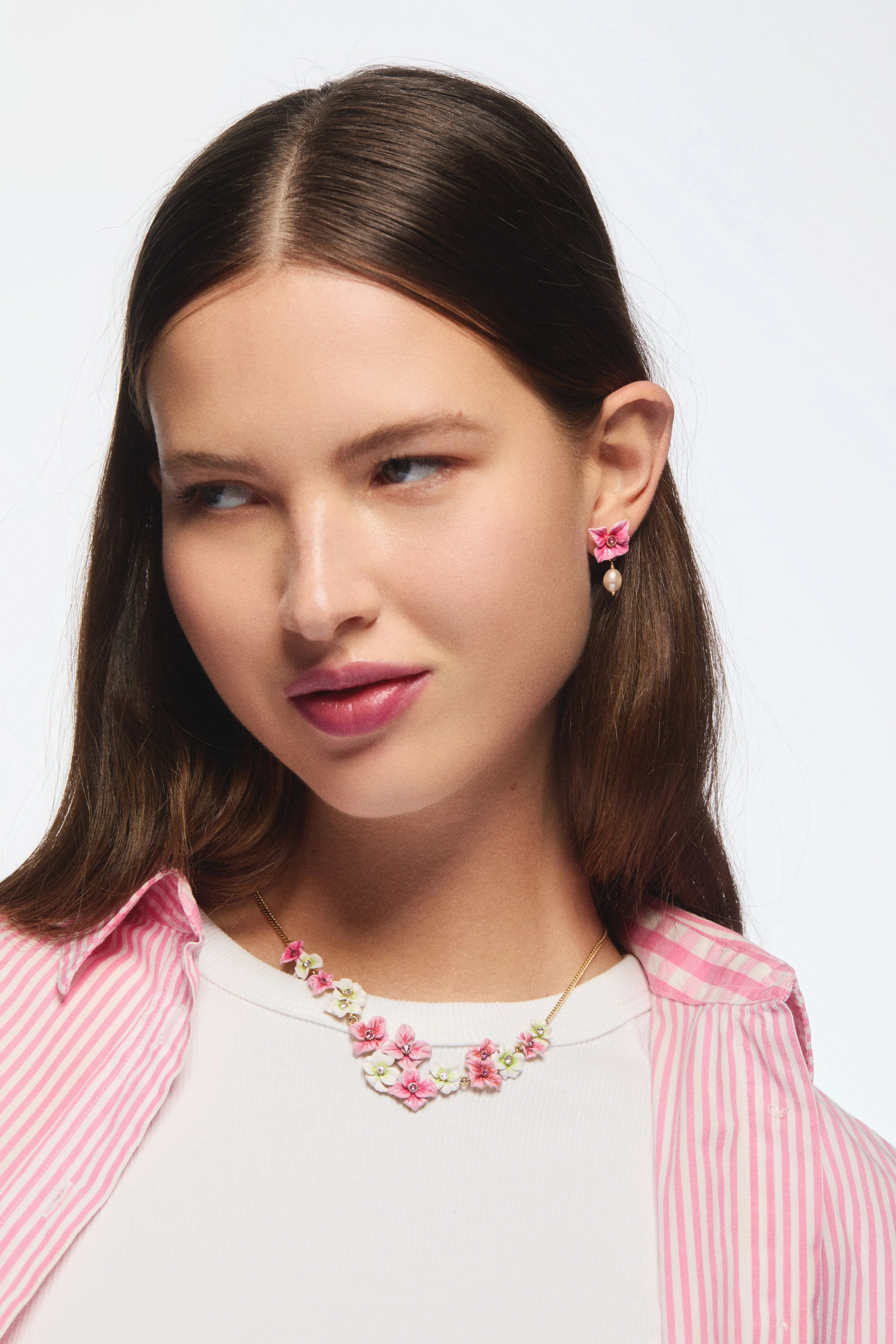 Pink Hydrangea Flower and Cultured Pearl Post Earrings - Image 3