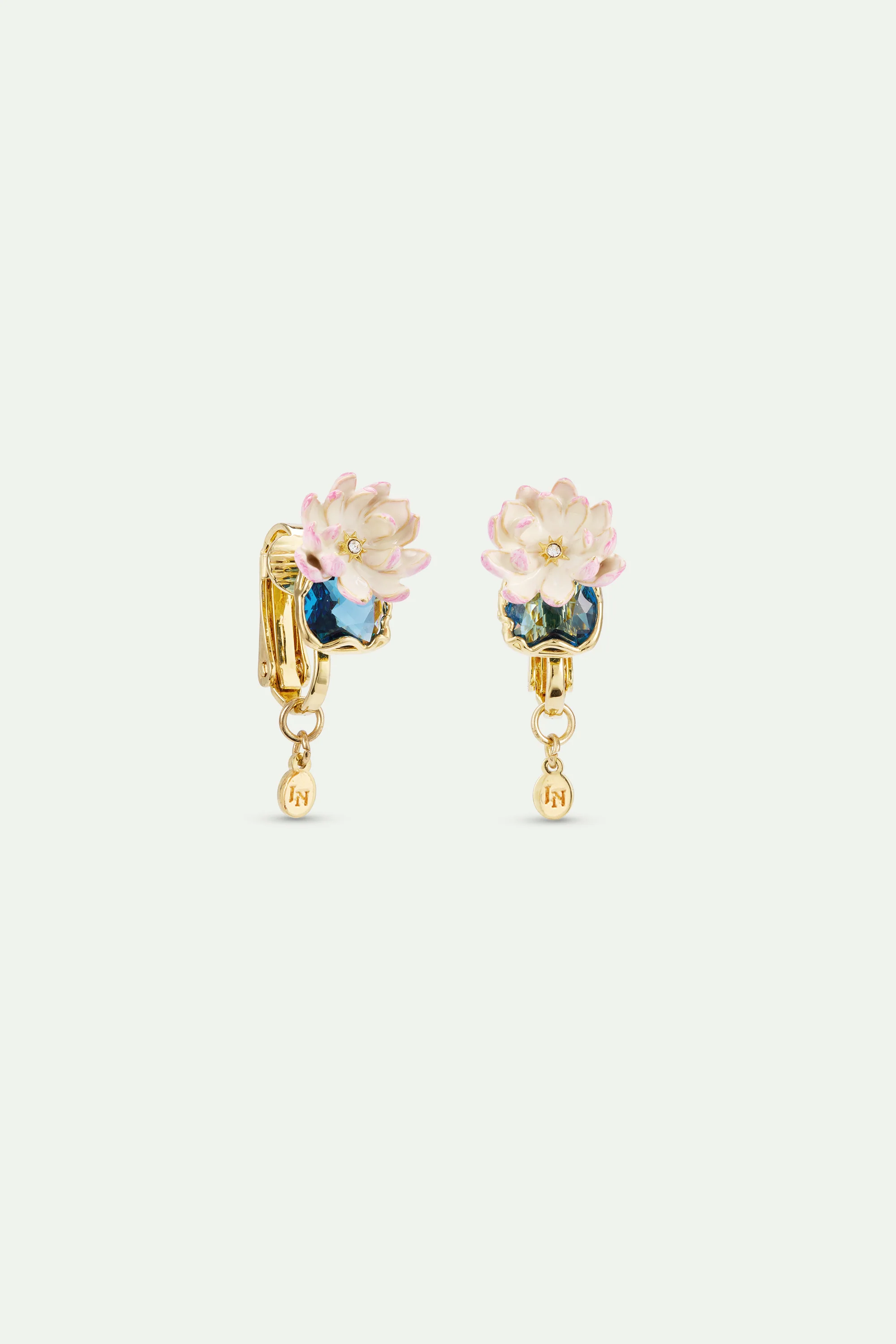 Pink Water Lily and Round Blue Stone Clip-on Earrings - Image 2