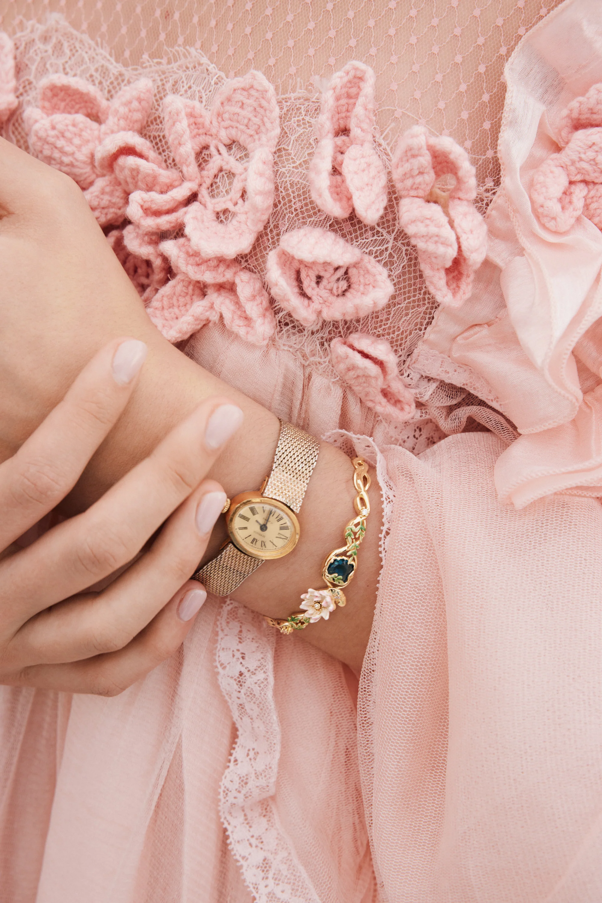 Pink Water Lily and Round Blue Stone Cuff Bracelet - Image 4