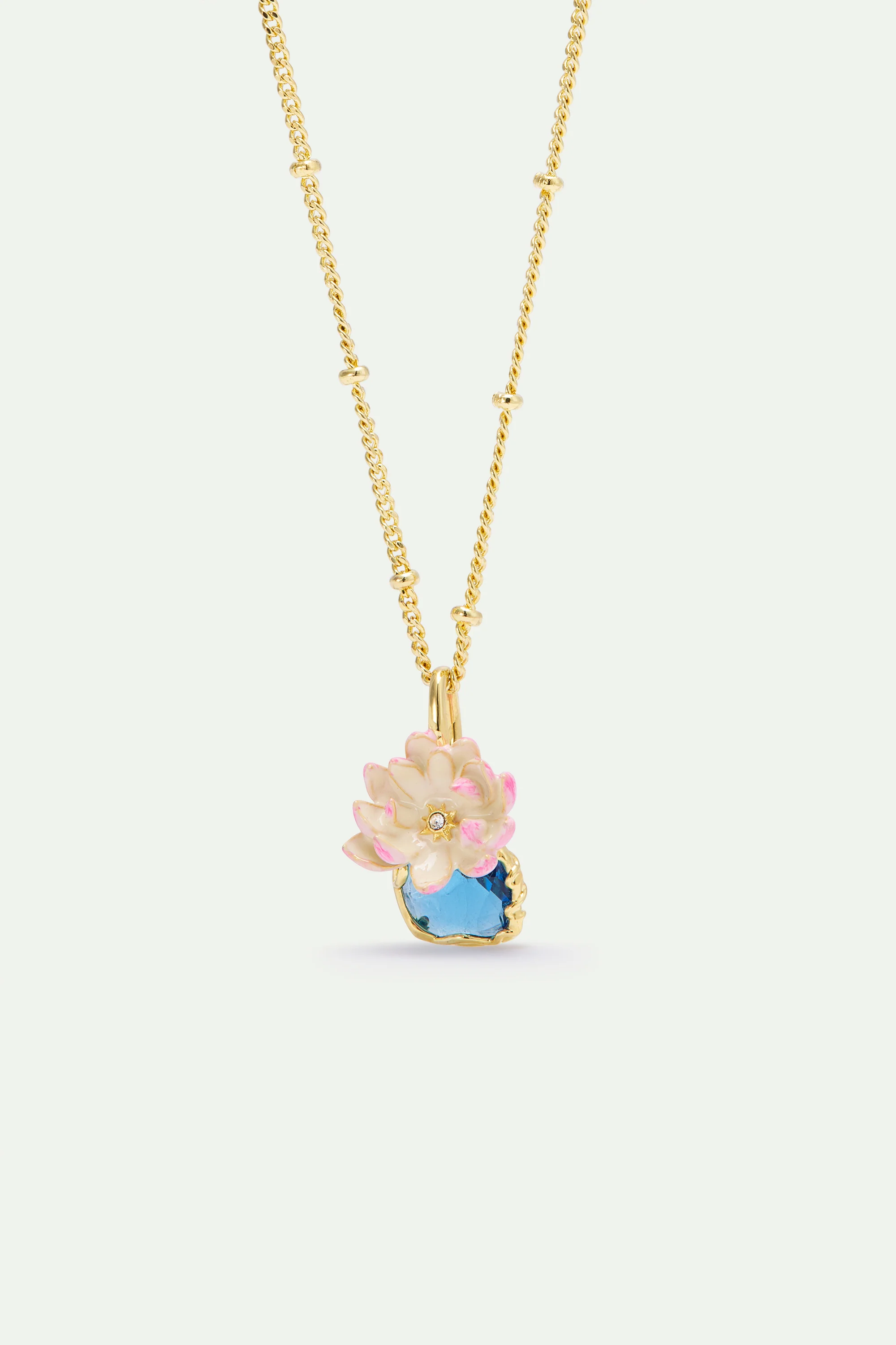 Pink Water Lily and Round Blue Stone Pendant Necklace