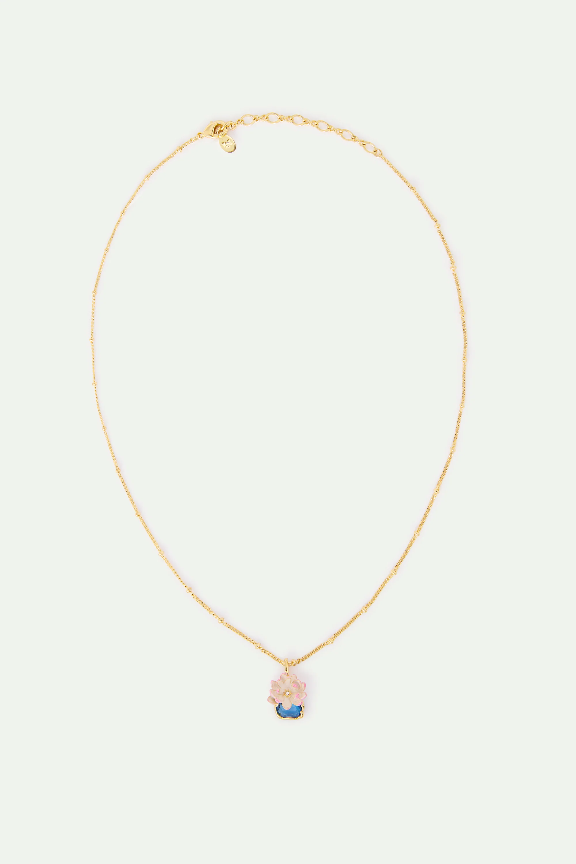 Pink Water Lily and Round Blue Stone Pendant Necklace - Image 2