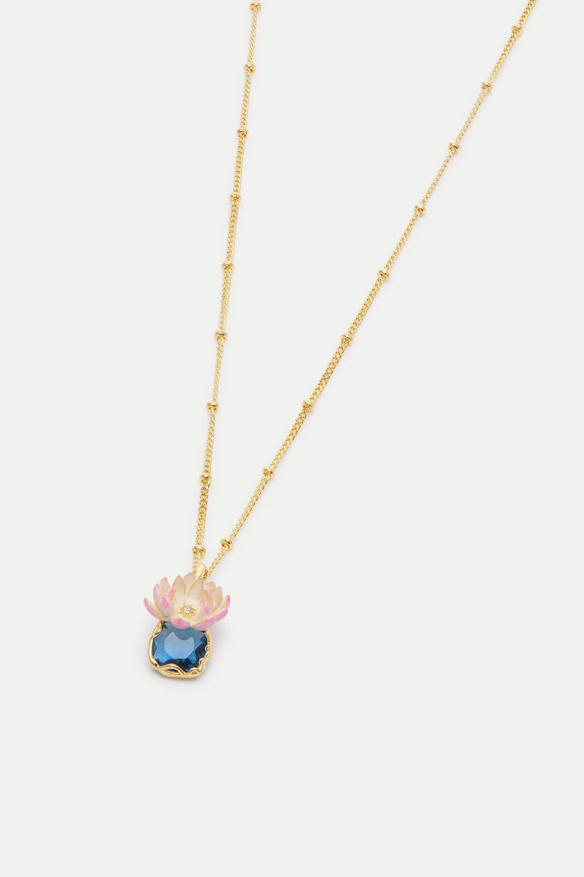 Pink Water Lily and Round Blue Stone Pendant Necklace - Image 3