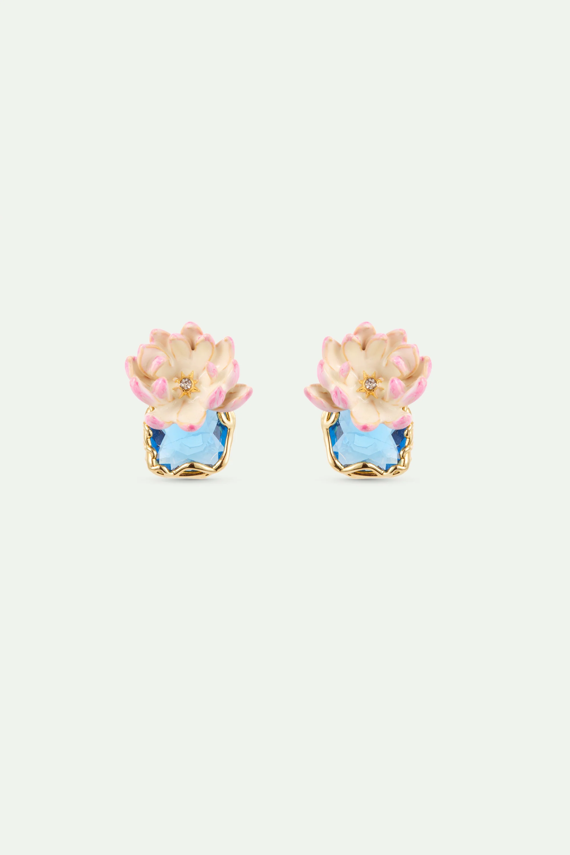 Pink Water Lily and Round Blue Stone Post Earrings
