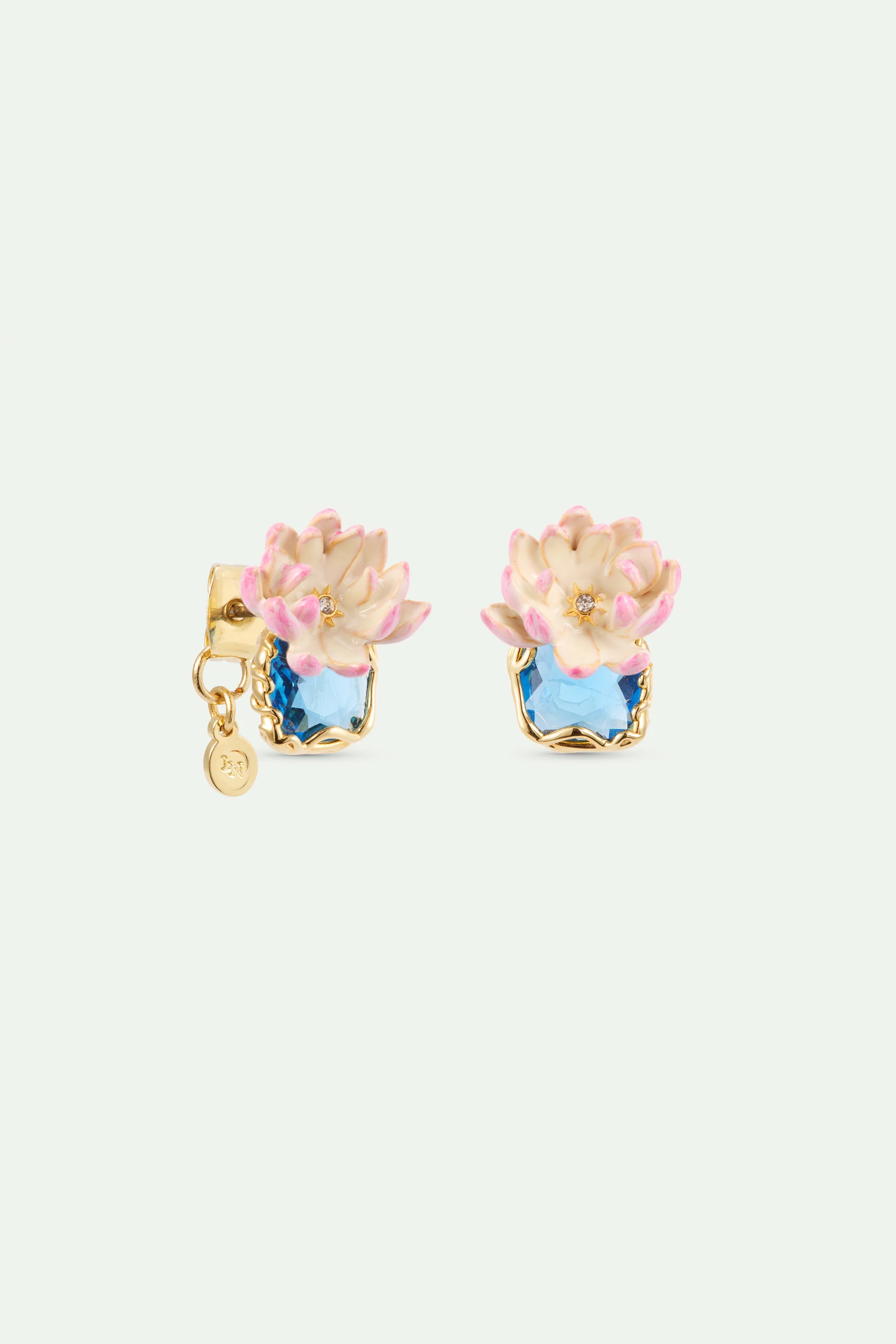 Pink Water Lily and Round Blue Stone Post Earrings - Image 2
