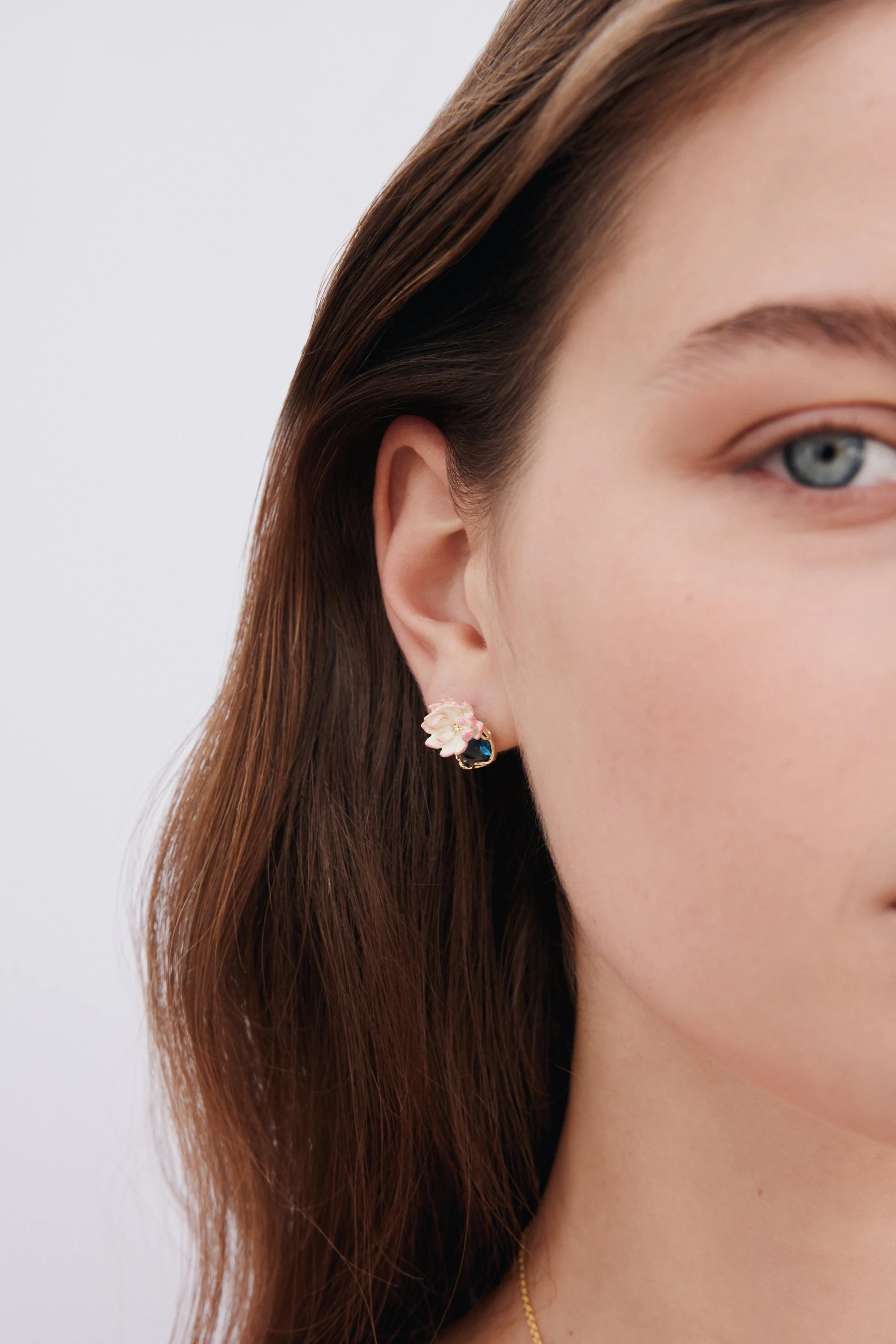 Pink Water Lily and Round Blue Stone Post Earrings - Image 3