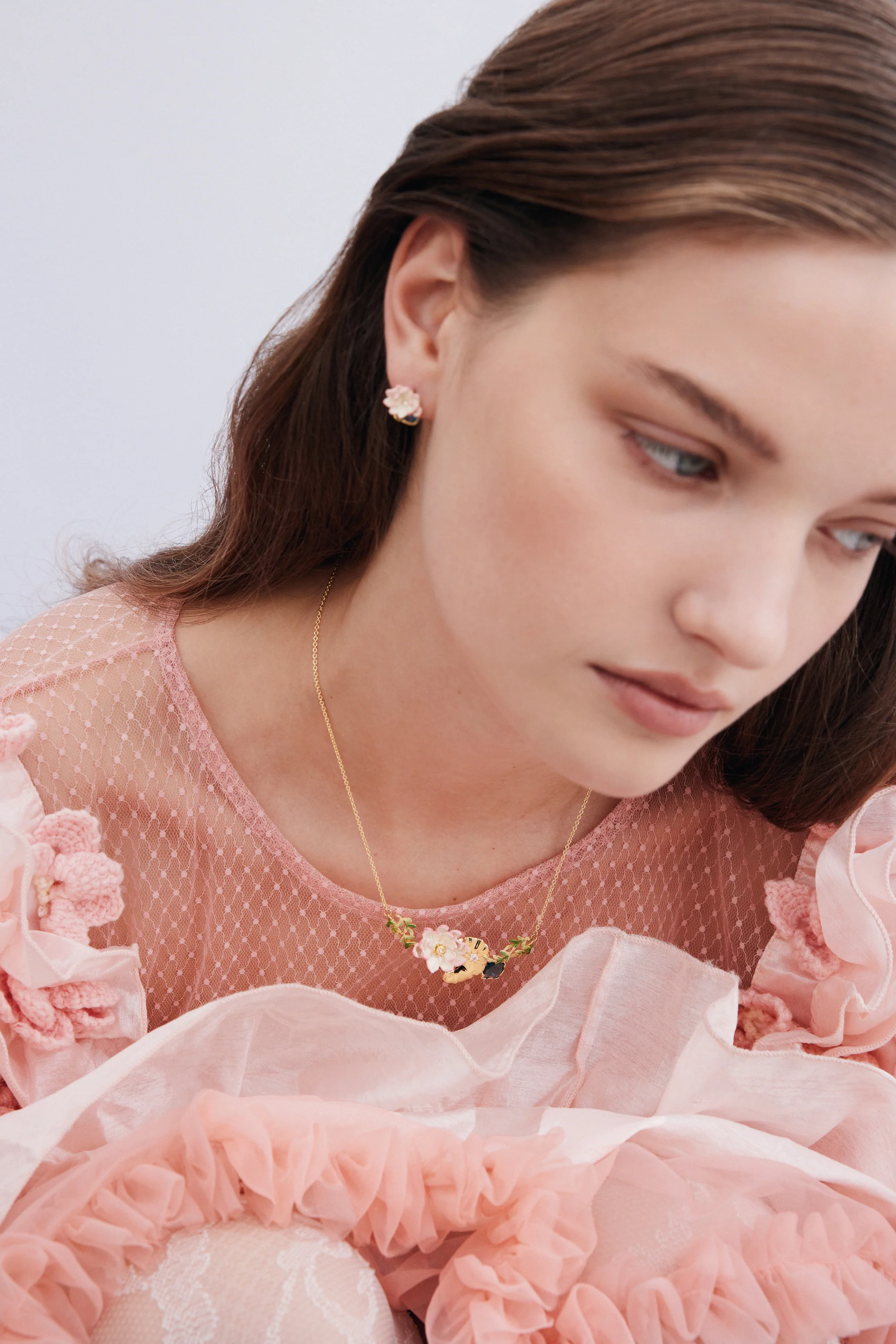 Pink Water Lily and Round Blue Stone Post Earrings - Image 4