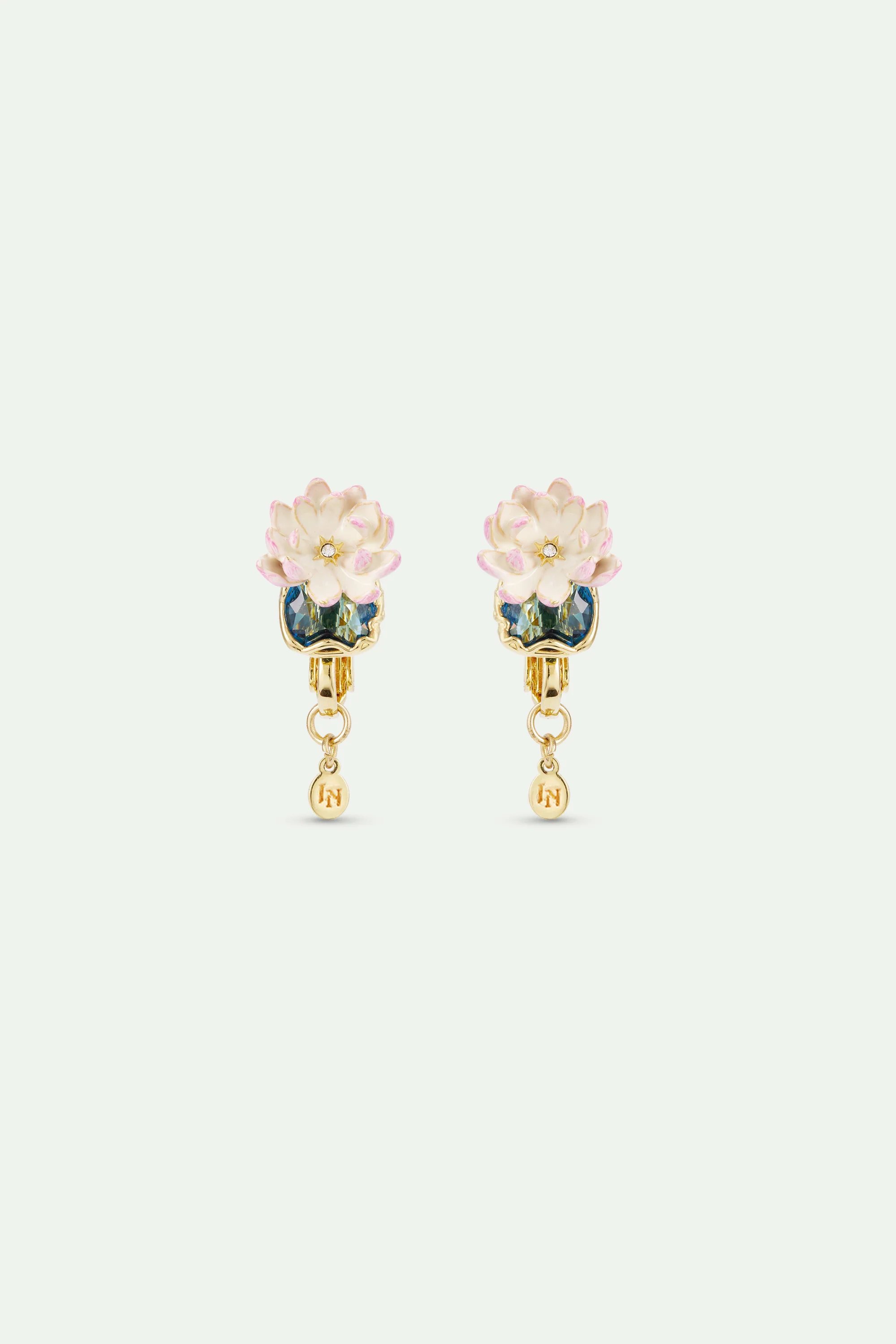 Pink Water Lily and Round Blue Stone Sleeper Earrings