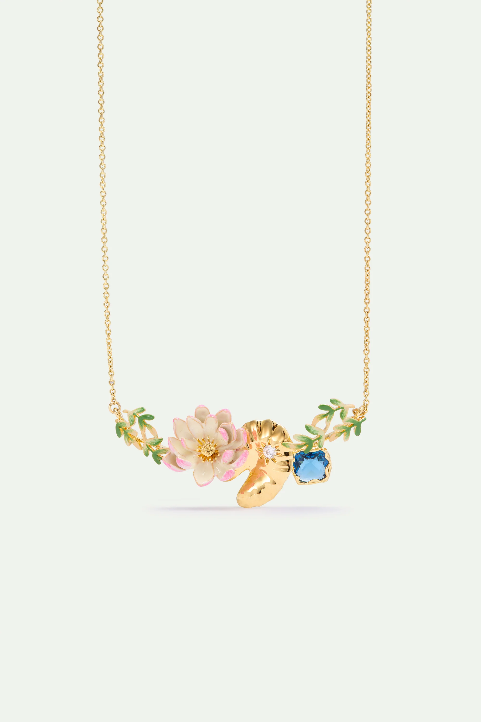 Pink Water Lily, Golden Lotus, and Blue Round Stone Statement Necklace