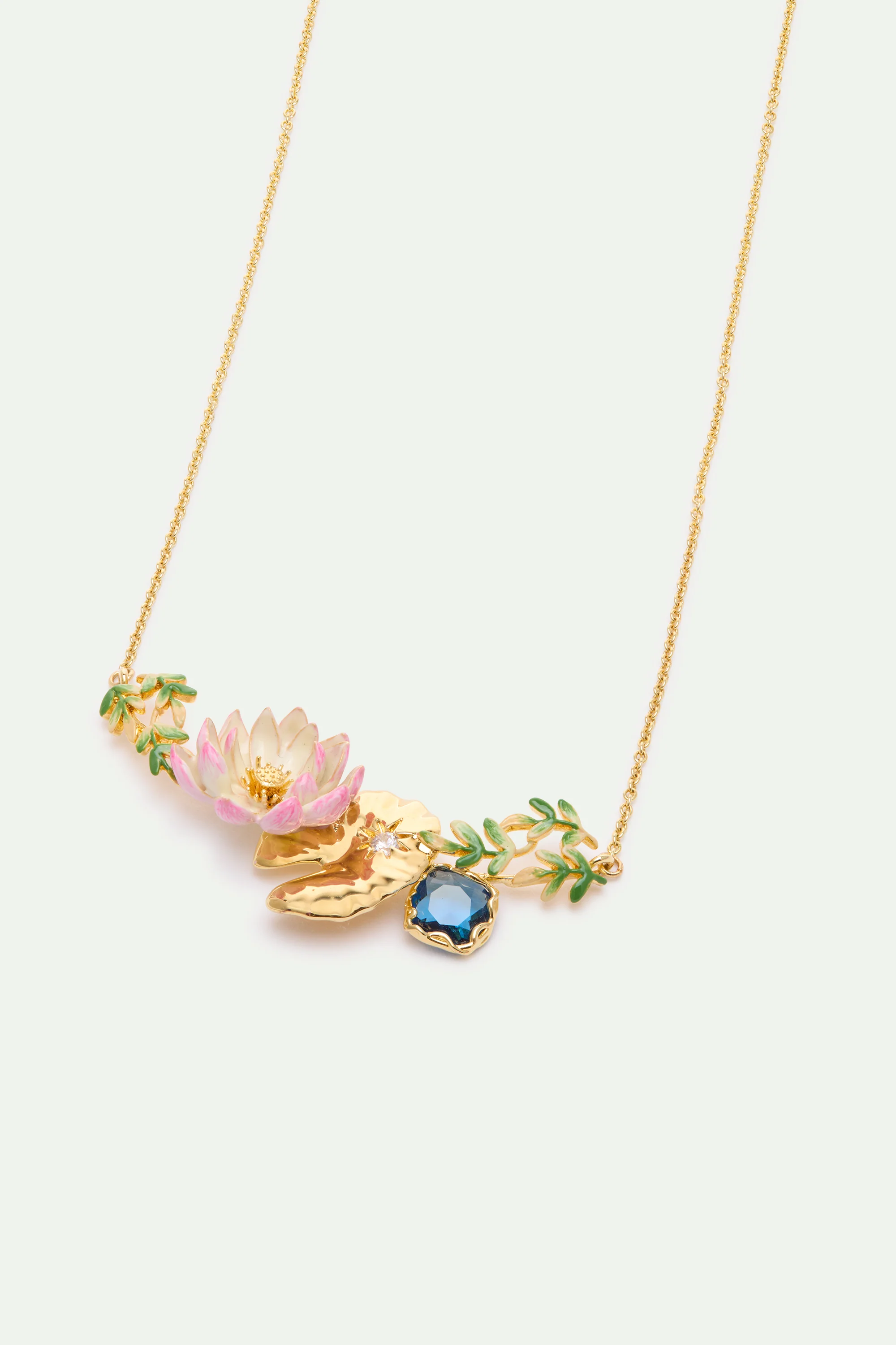 Pink Water Lily, Golden Lotus, and Blue Round Stone Statement Necklace - Image 2