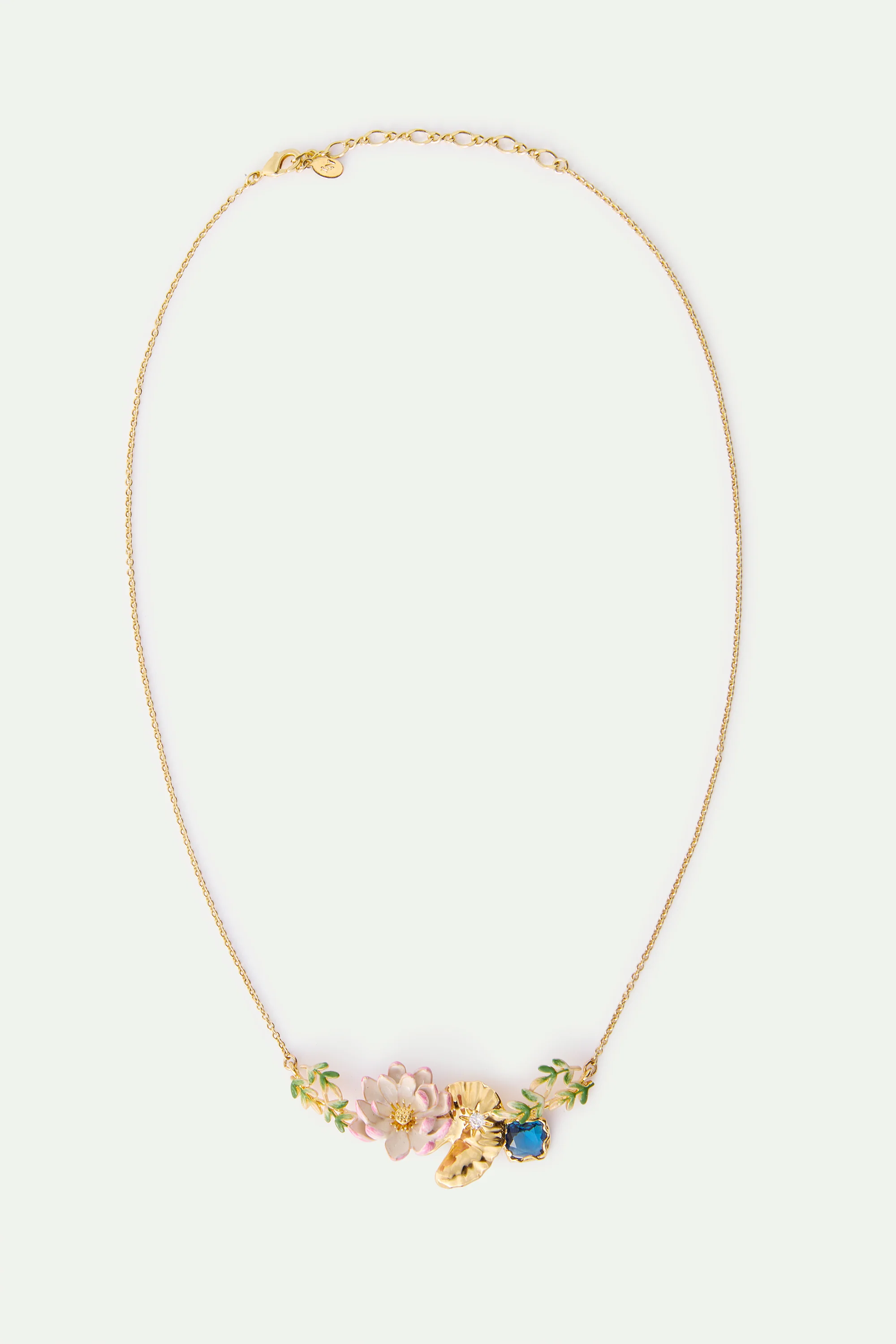 Pink Water Lily, Golden Lotus, and Blue Round Stone Statement Necklace - Image 3