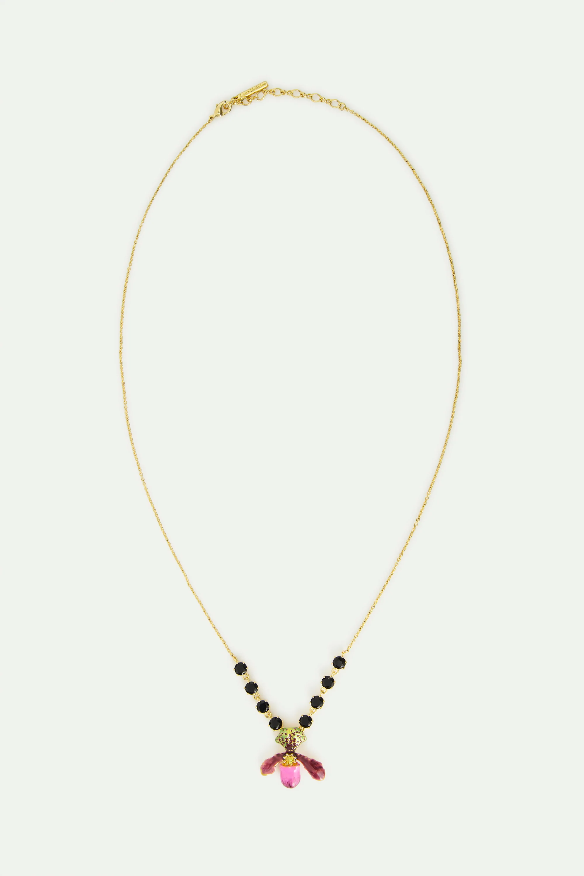 Purple Lady's Slipper Orchid Necklace with Black Faceted Glass Stones - Image 3
