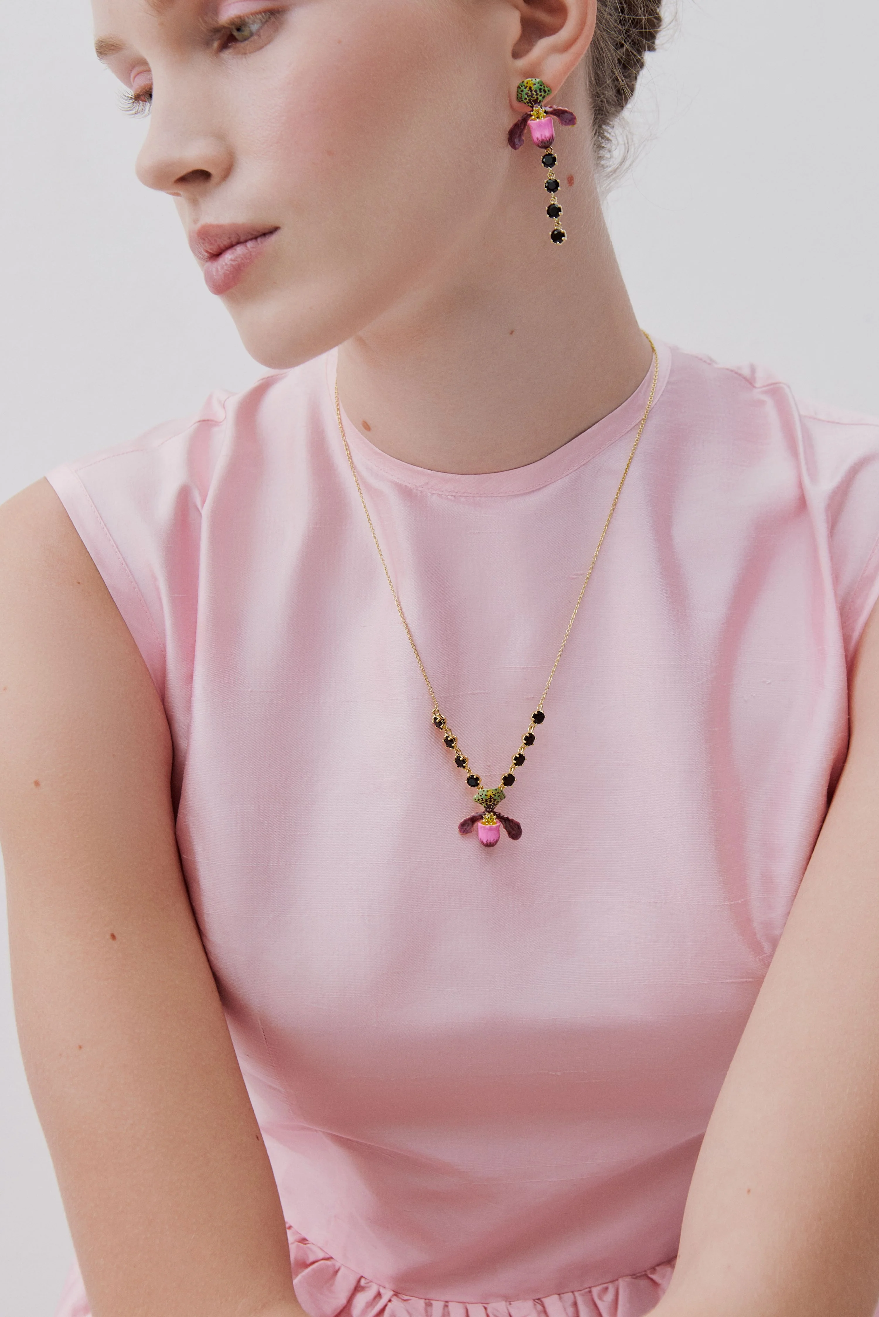 Purple Lady's Slipper Orchid Necklace with Black Faceted Glass Stones - Image 4