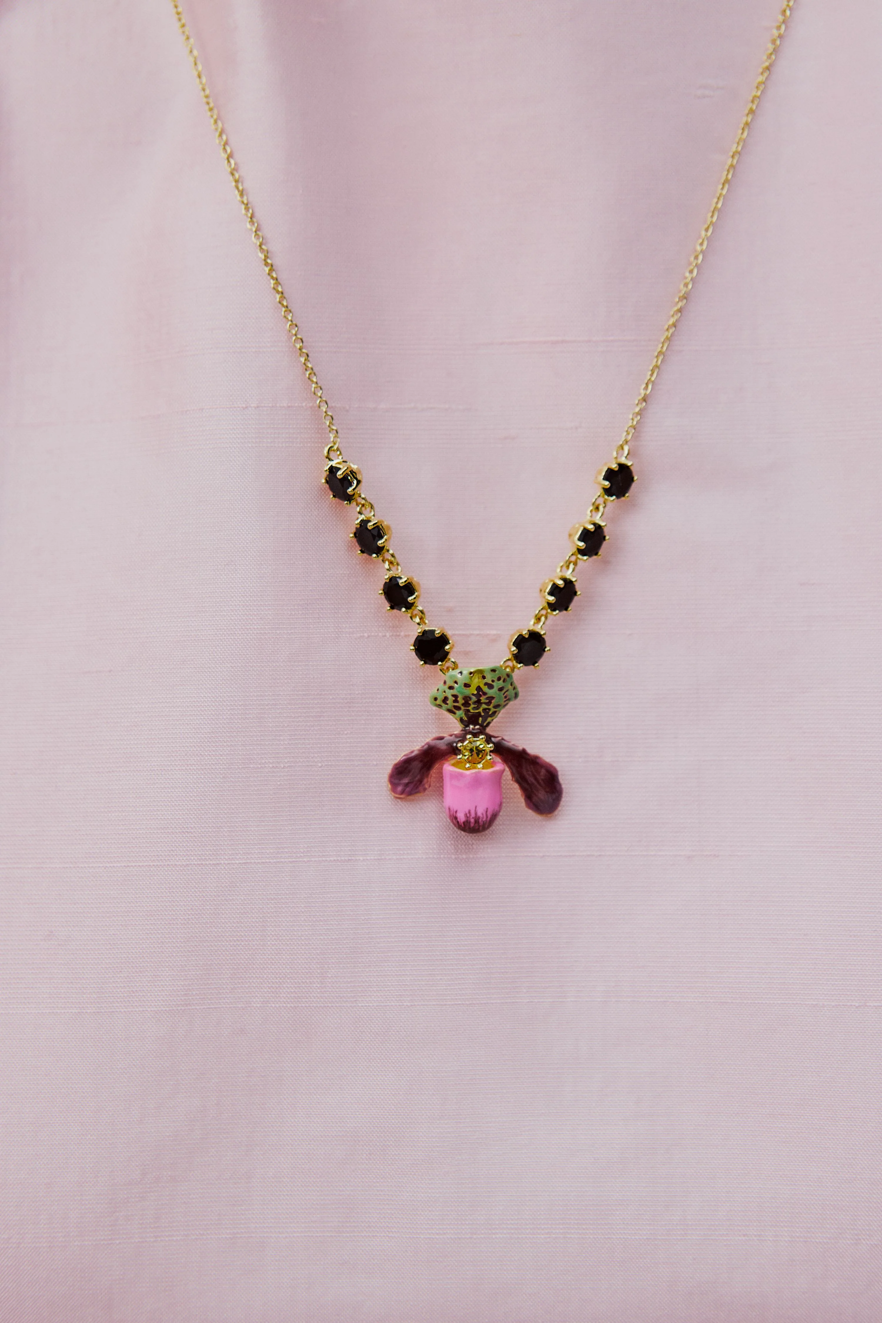 Purple Lady's Slipper Orchid Necklace with Black Faceted Glass Stones - Image 5