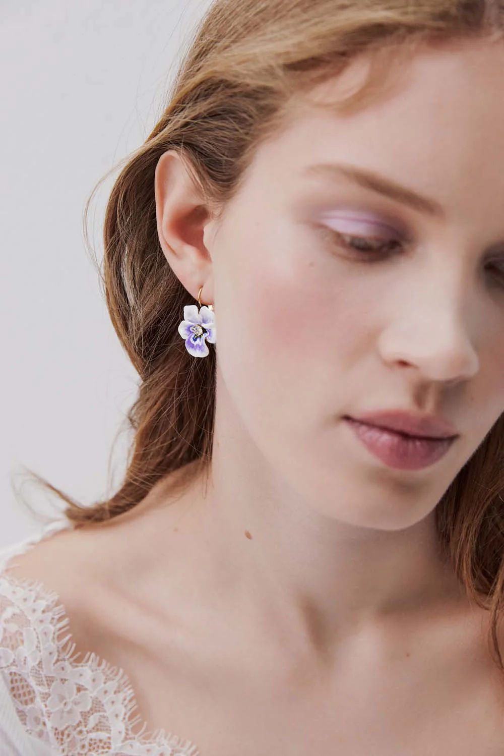 Purple Pansy and Cut Crystal Sleeper Earrings - Image 3