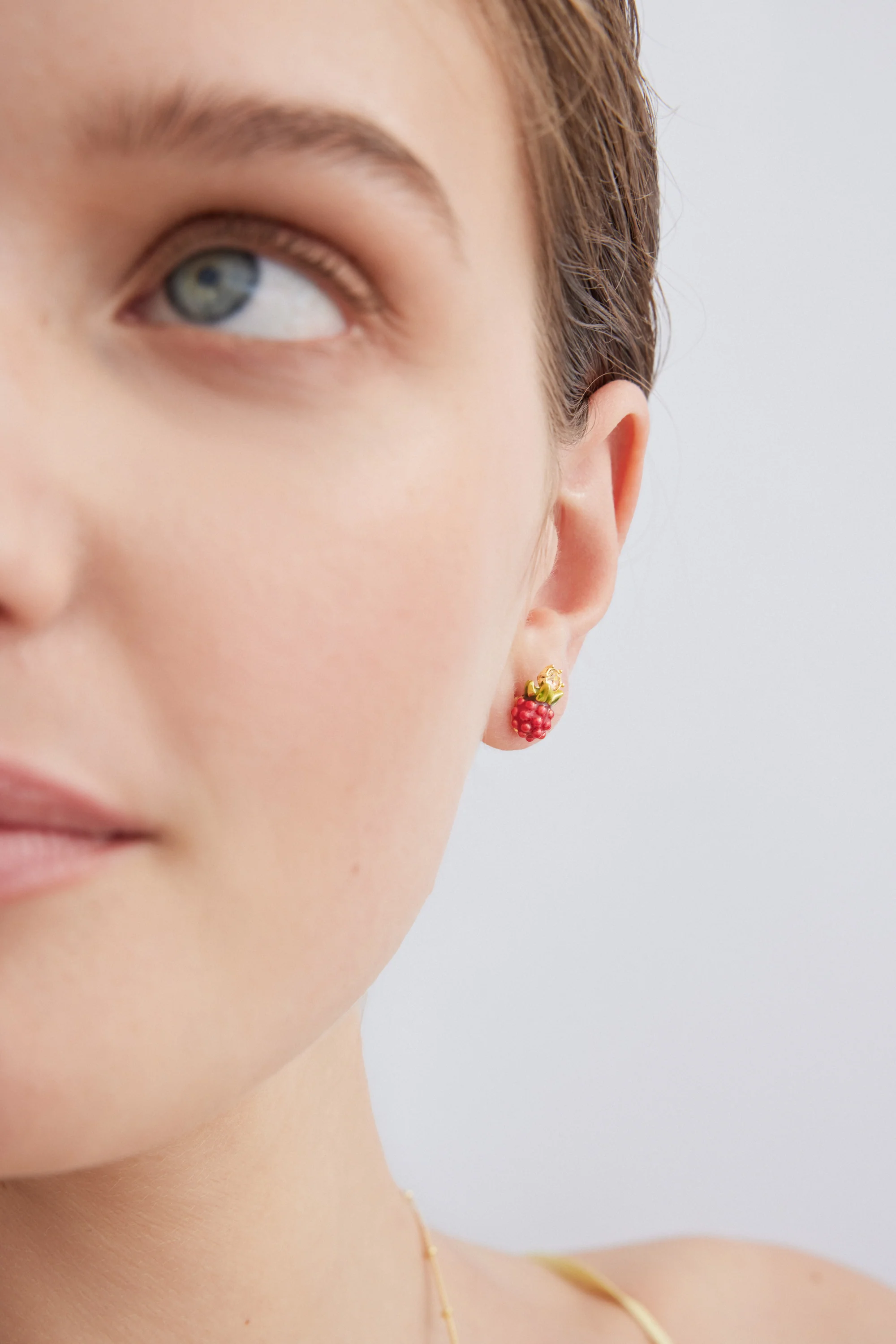 Raspberry and Round Gold Stone Post Earrings - Image 3