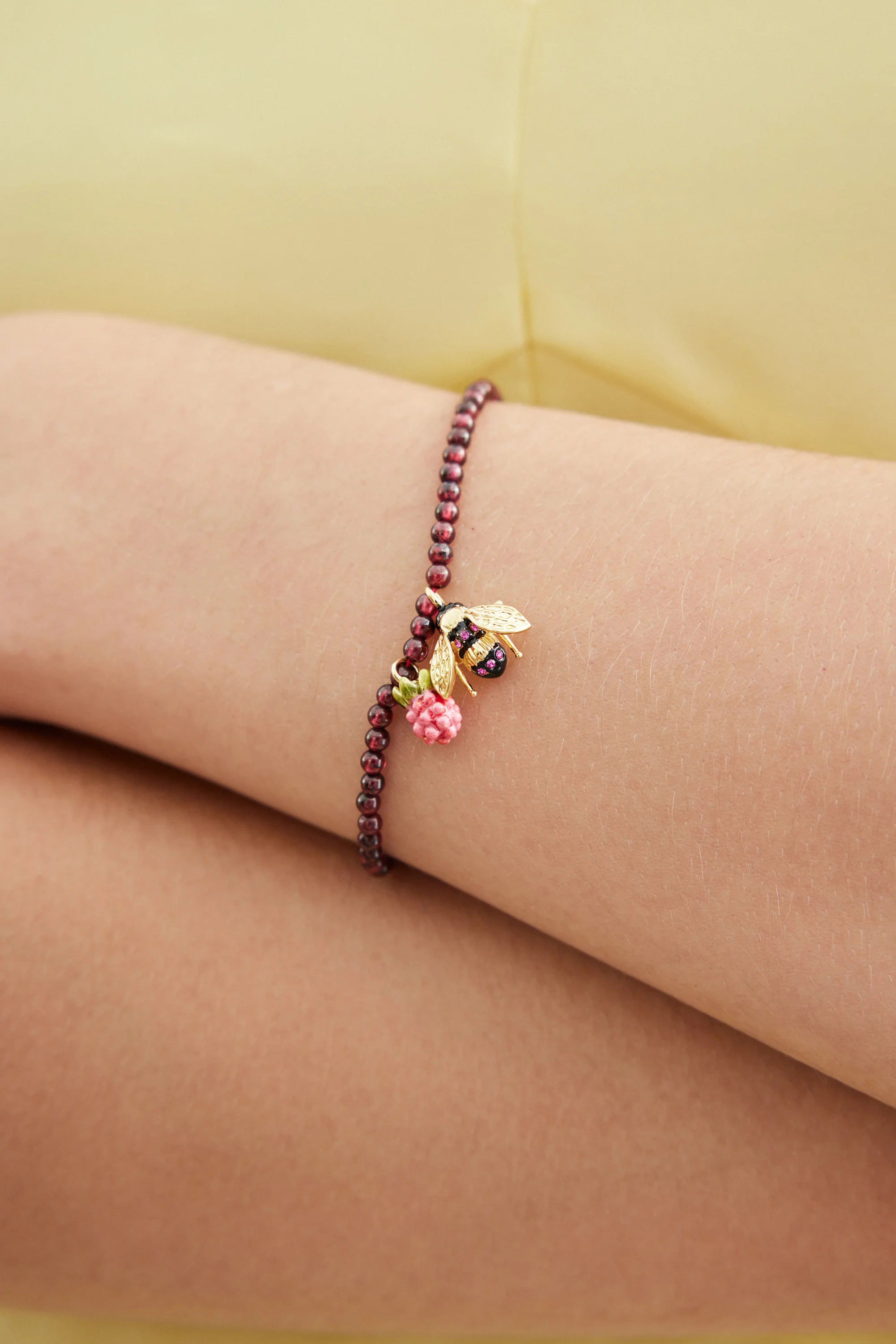 Reconstituted Garnet Bead Bracelet with Bee and Raspberry - Image 2
