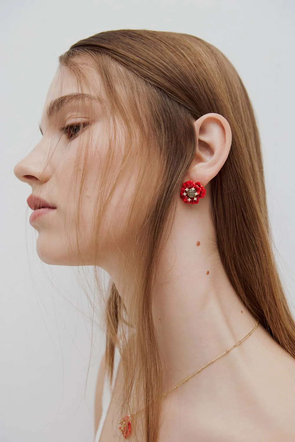 Red Poppy and Cubic Zirconia Clip-On Earrings - Image 2