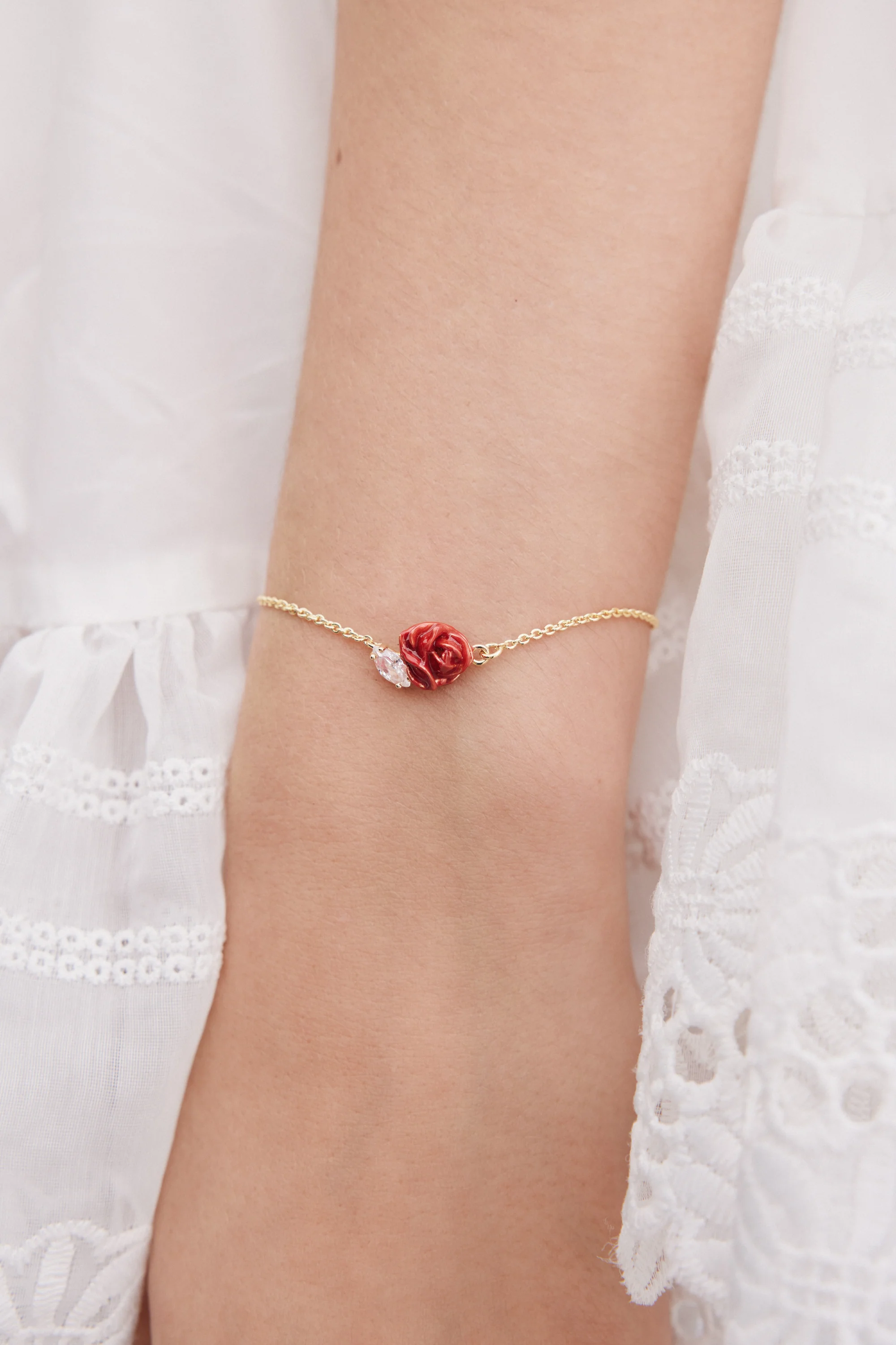 Red Rosebud and Cut Crystal Fine Bracelet - Image 2