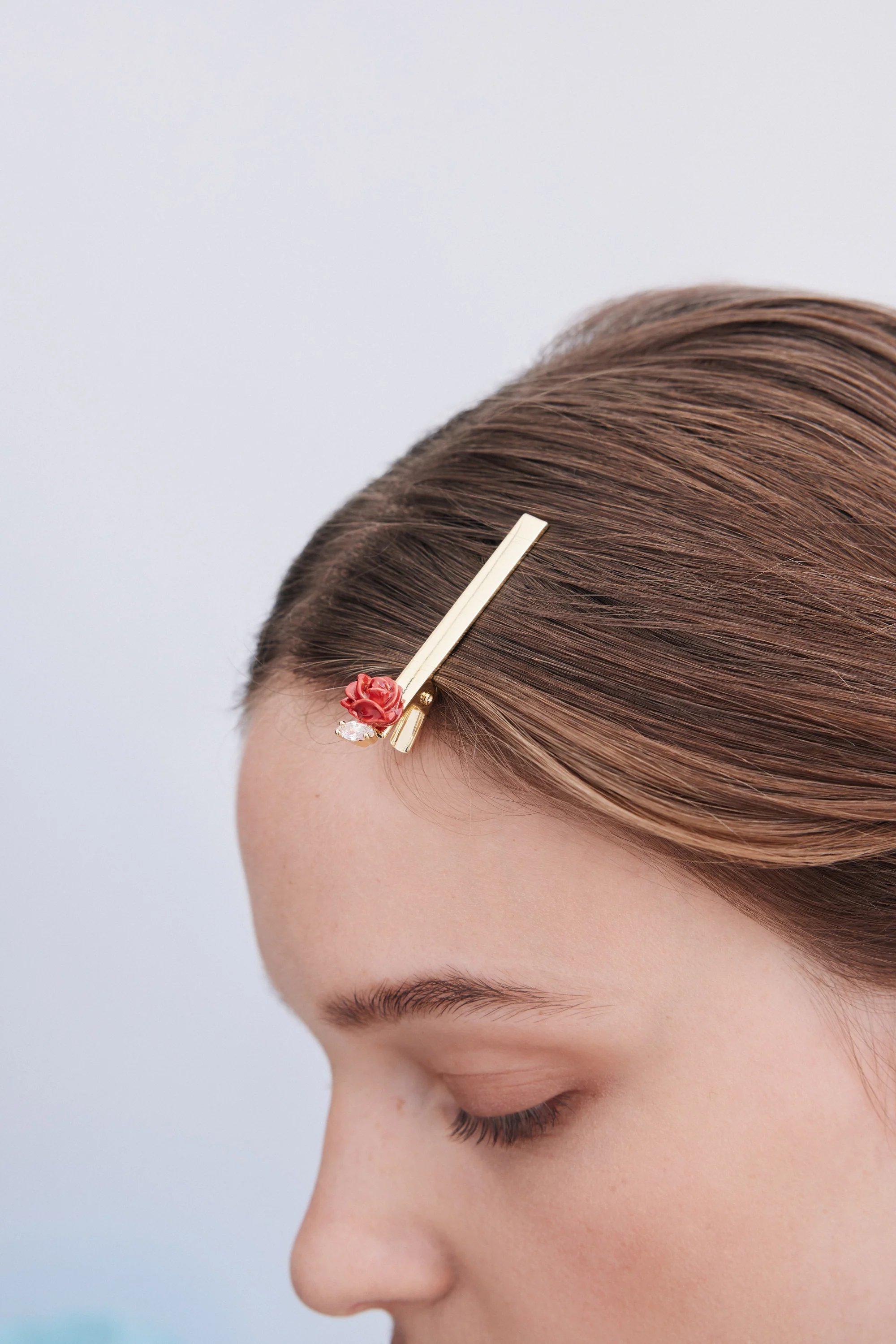 Red Rosebud and Cut Crystal Hair Pin - Image 3
