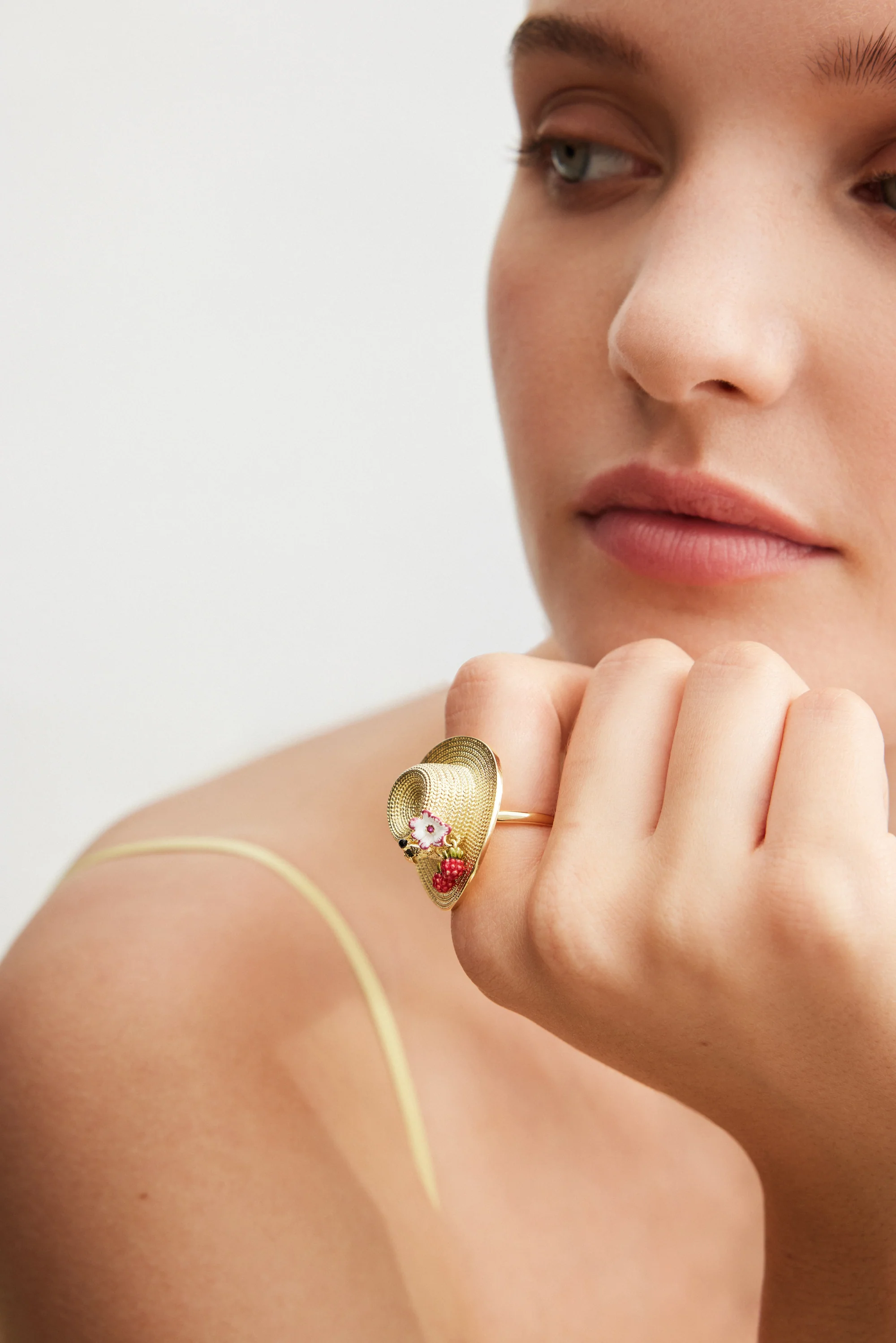 Ring with Gold Hat, Cosmos, Bee, Raspberry and Pink Crystal - Image 3
