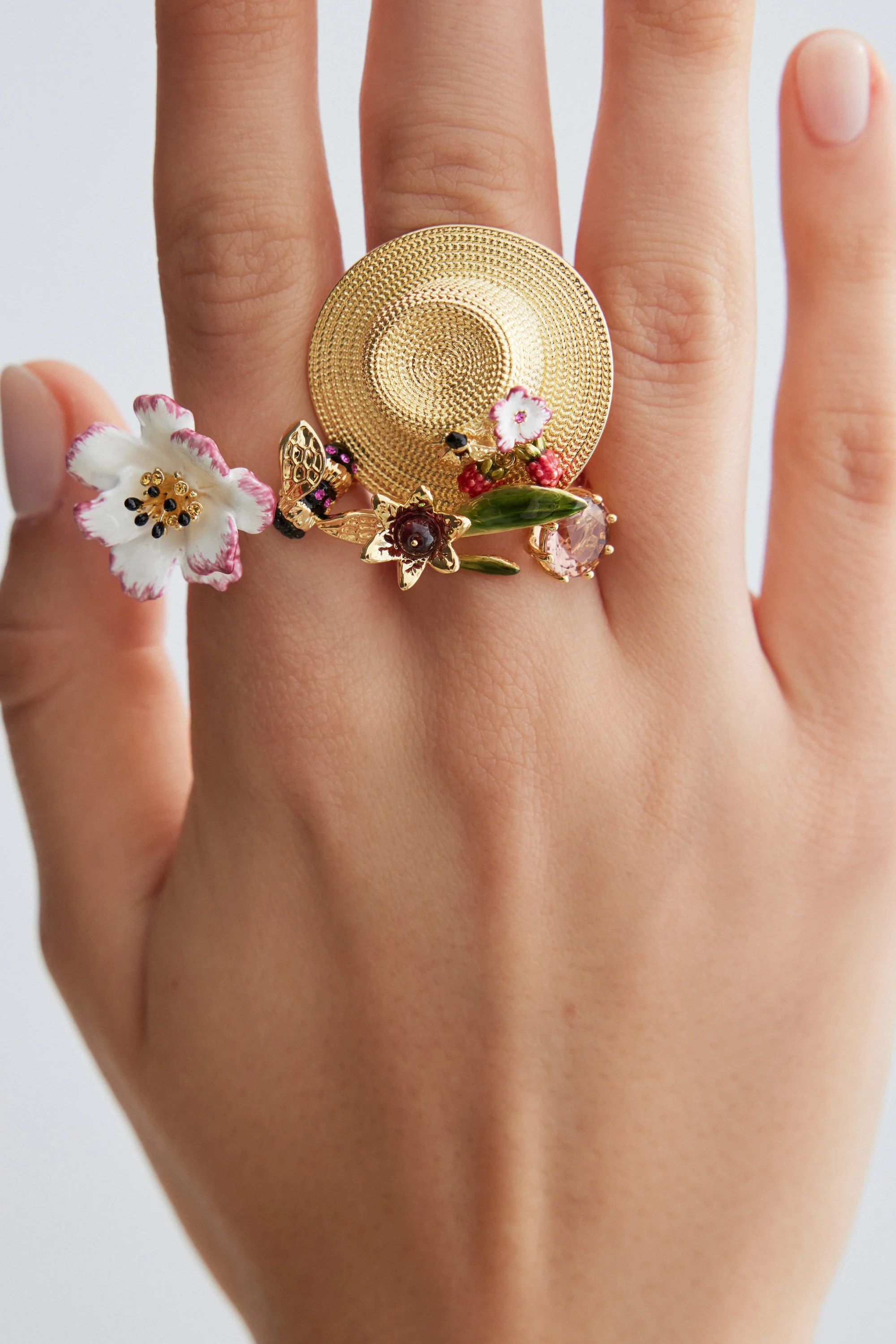 Ring with Gold Hat, Cosmos, Bee, Raspberry and Pink Crystal - Image 4