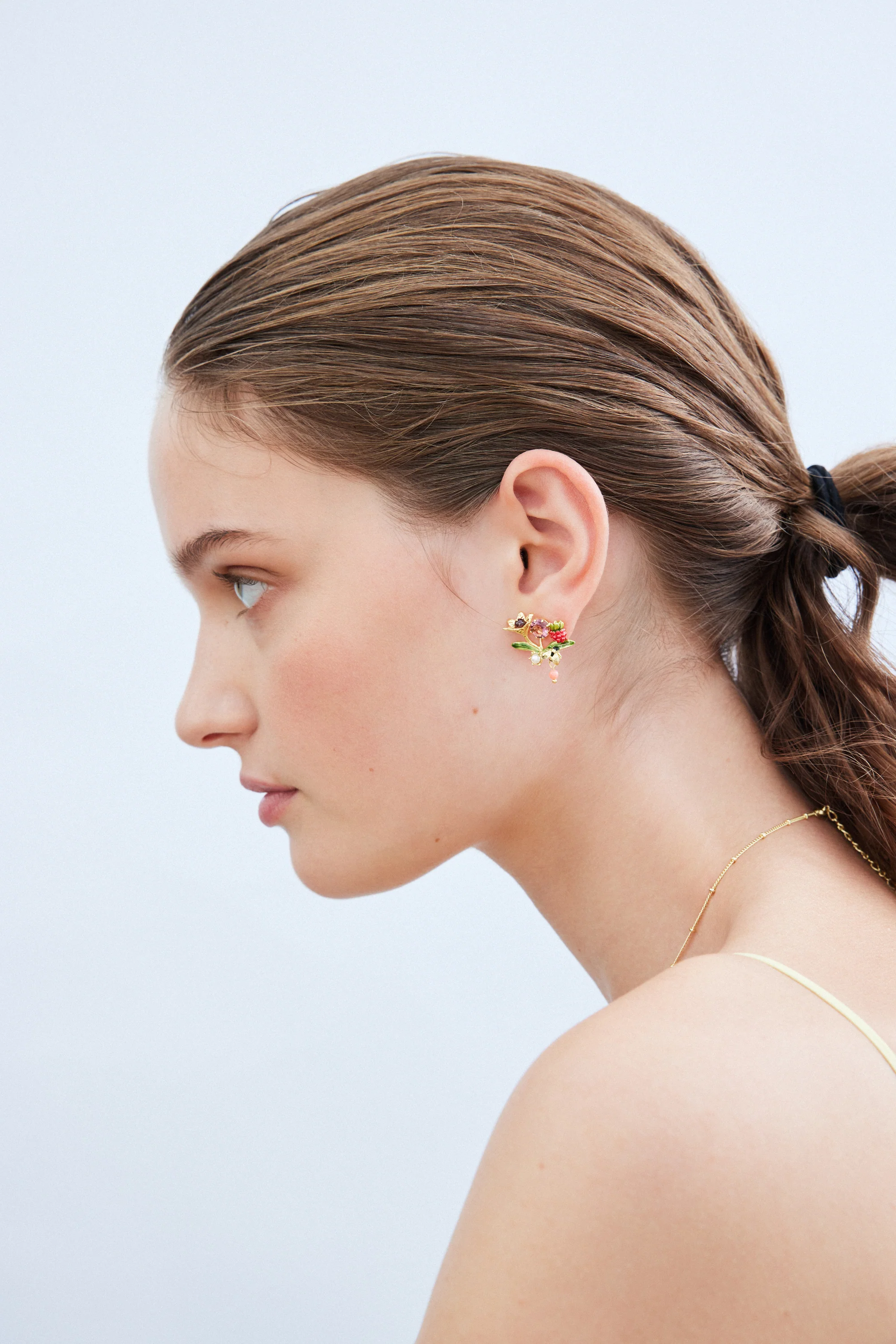 Round Pink Stone Post Earrings with Gold Bee, Raspberry and Pearls - Image 3