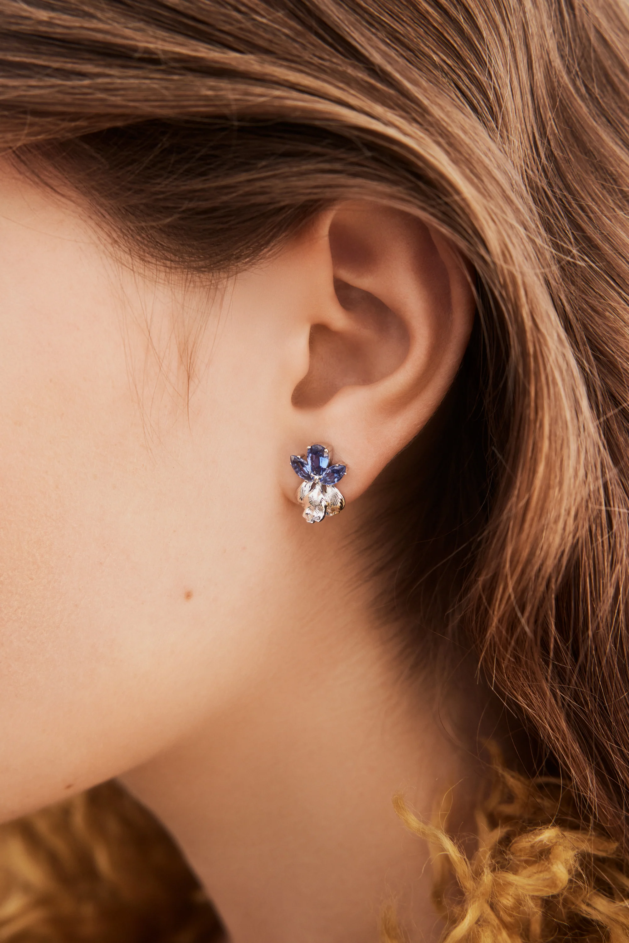 Silver Iris and Blue Stone Post Earrings - Image 3