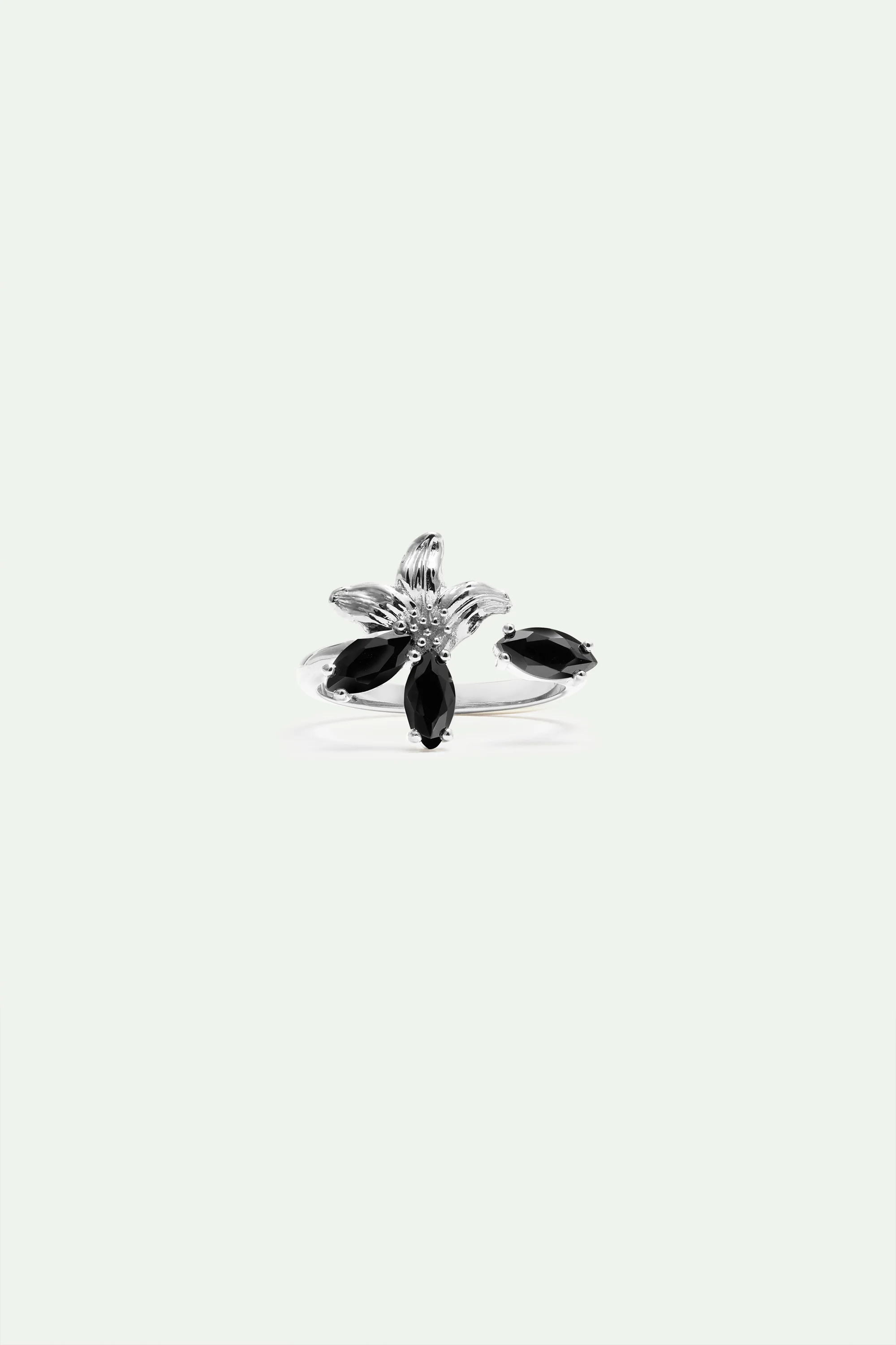 Silver Lily and Black Stone Adjustable Ring - Image 2