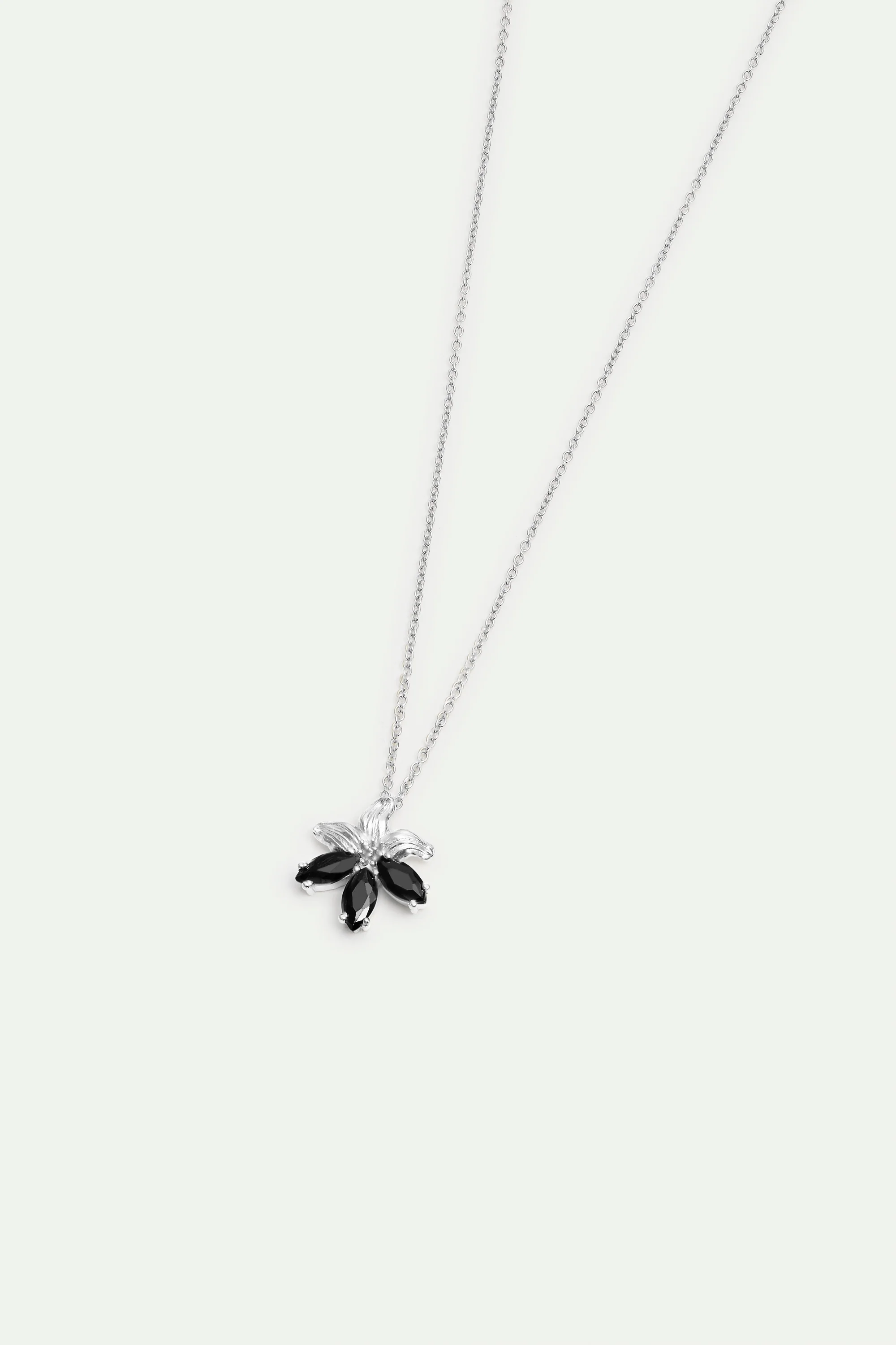 Silver Lily and Black Stone Pendant Necklace - Image 2