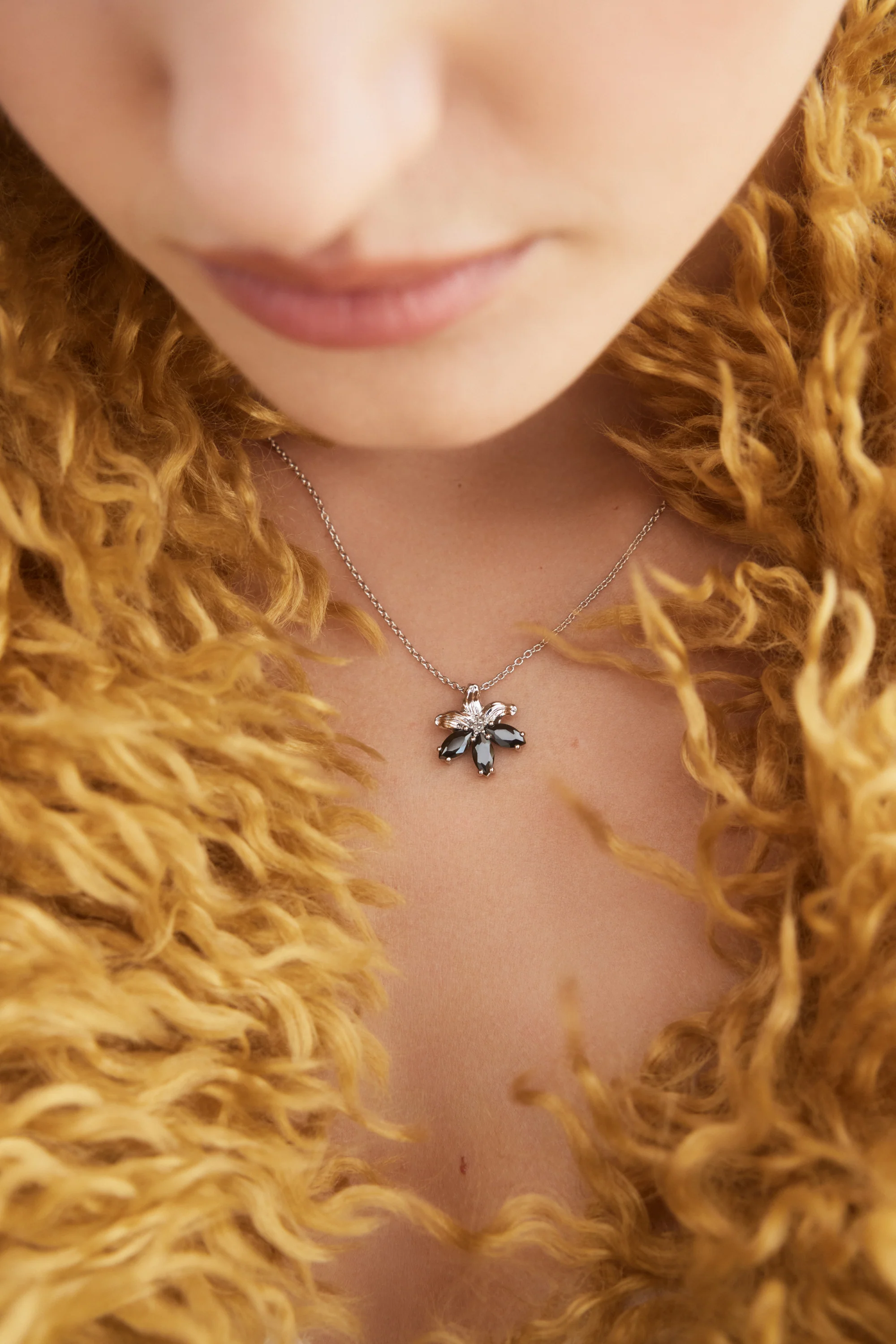 Silver Lily and Black Stone Pendant Necklace - Image 4