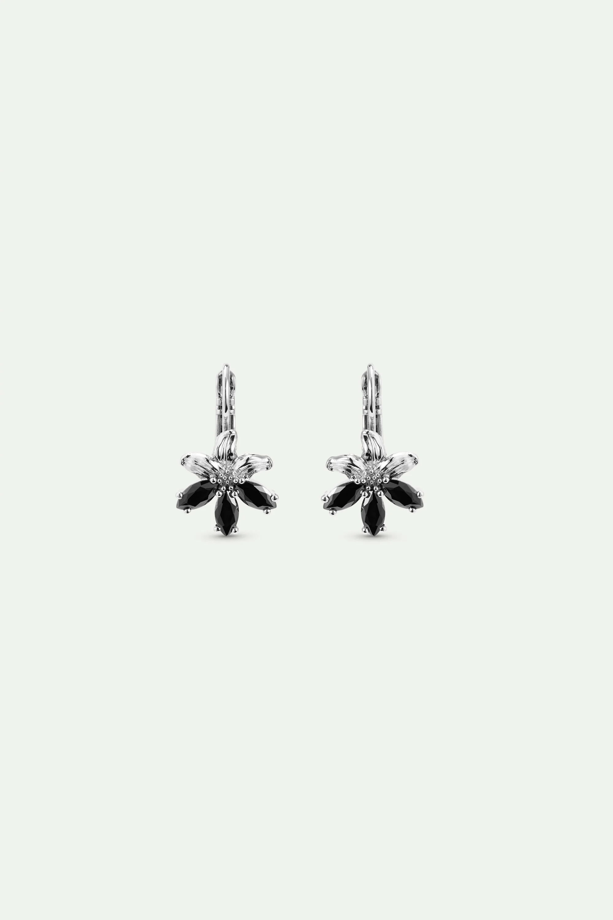 Silver Lily and Black Stone Sleeper Earrings