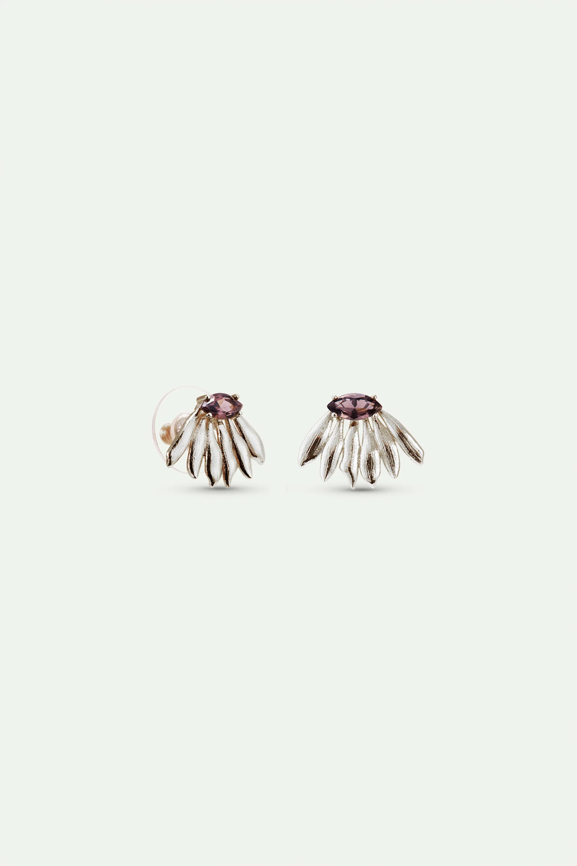 Silver Sunflower and Purple Stone Post Earrings - Image 2