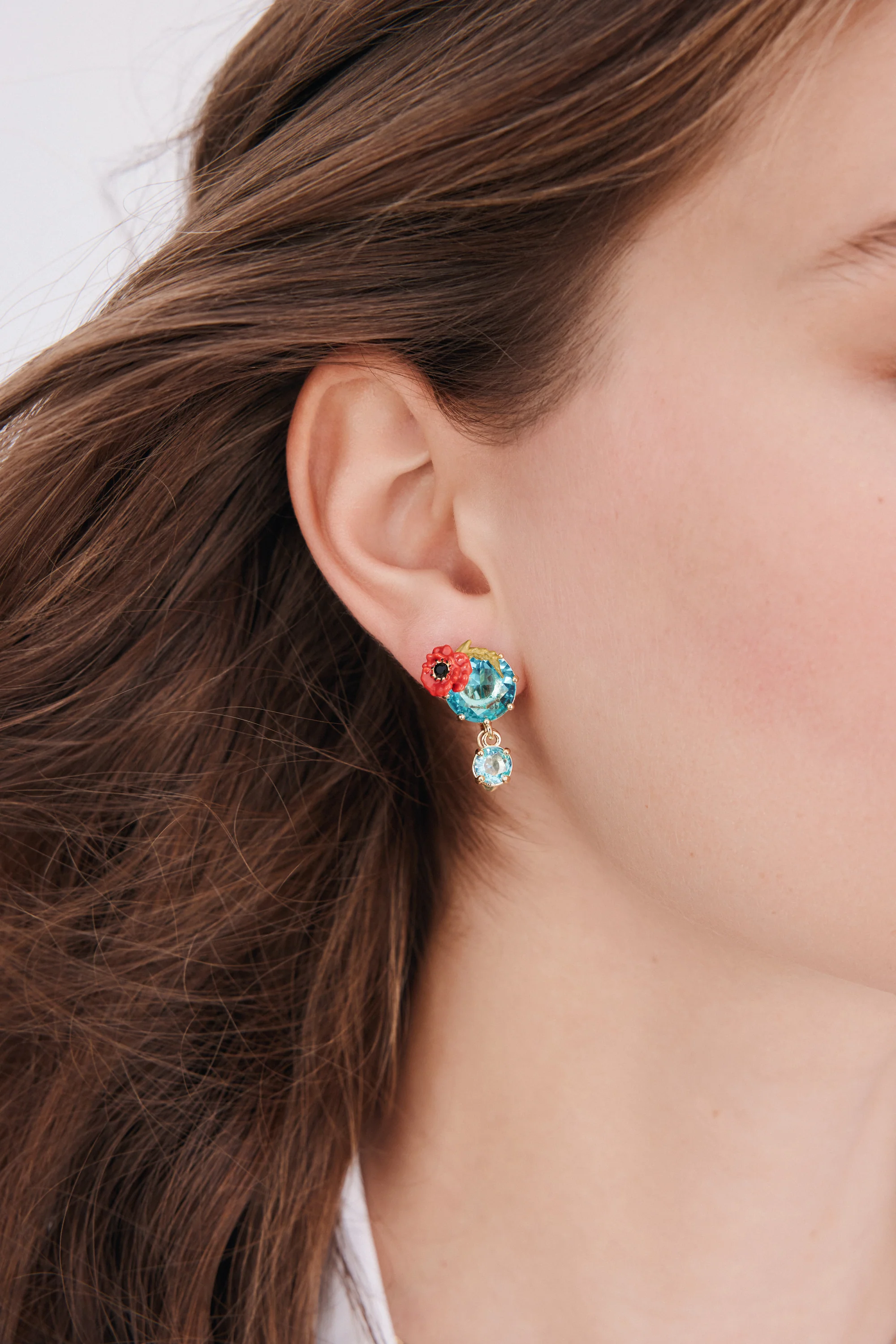 Sleeper Earrings with Round Blue Stones and Poppies - Image 2