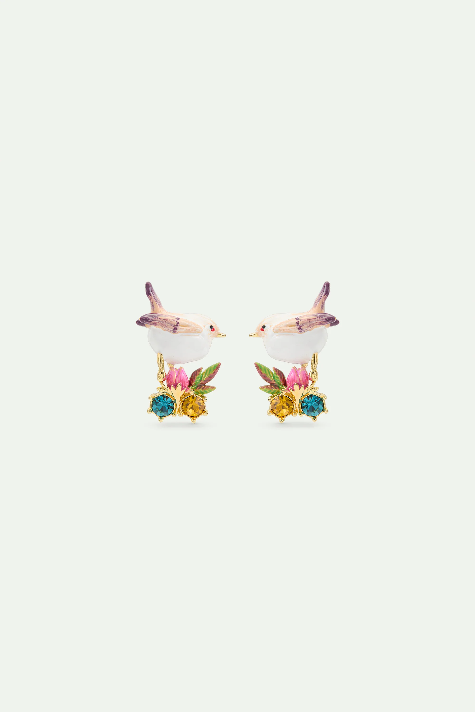 Snow Bunting Post Earrings with Rosebud and Crystals