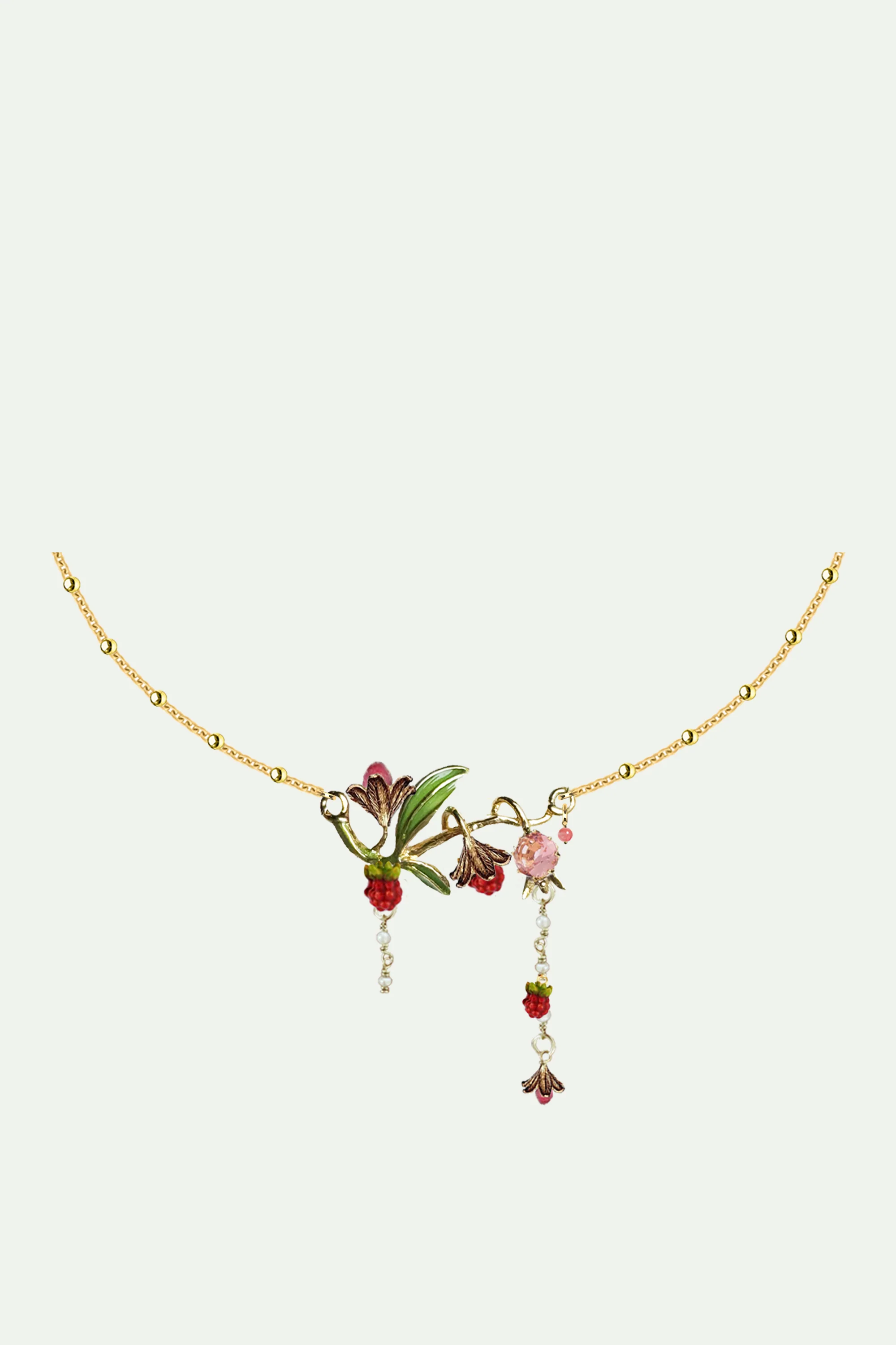 Statement Necklace with Flowers, Raspberries, Pink Stone and Pearls