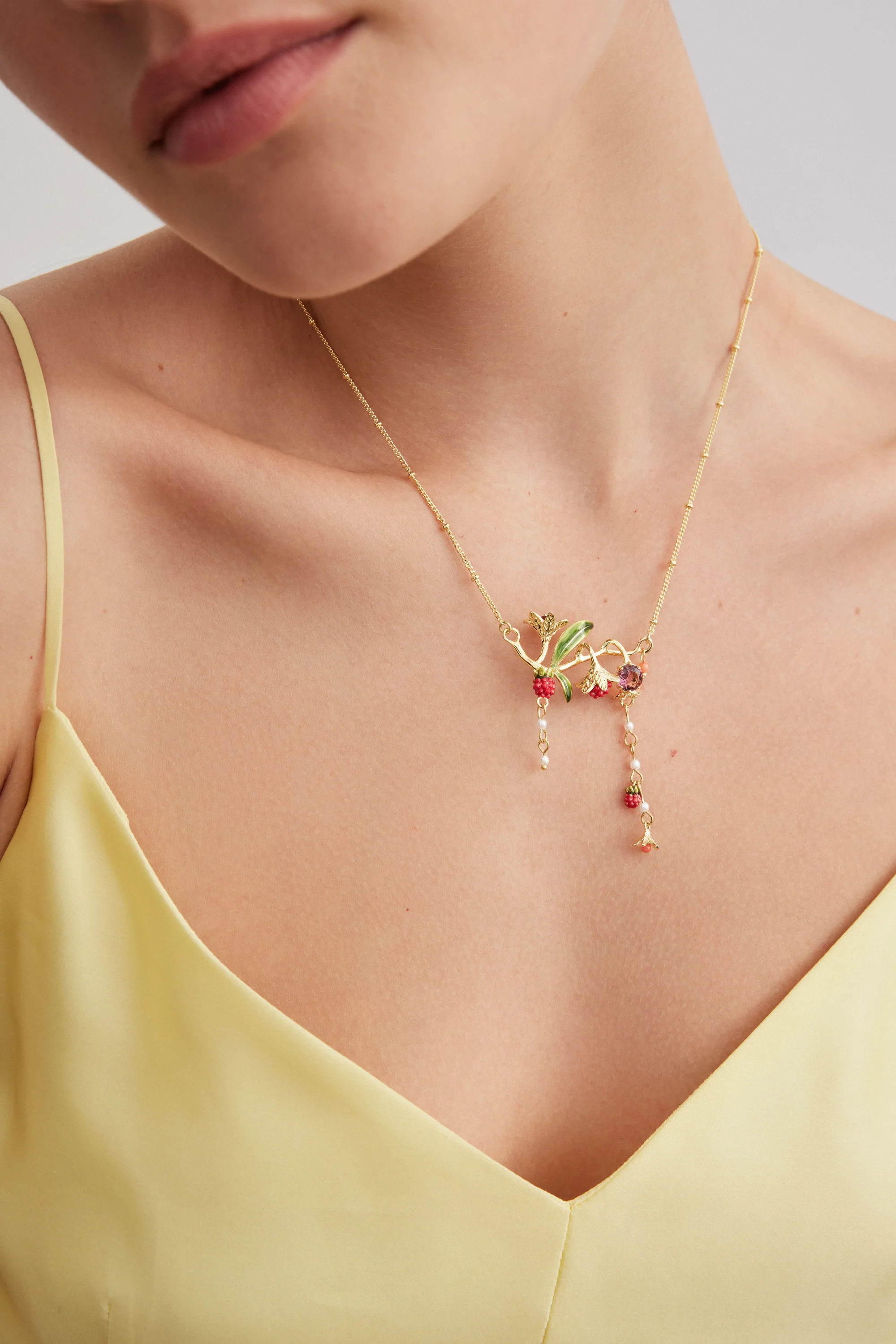 Statement Necklace with Flowers, Raspberries, Pink Stone and Pearls - Image 2