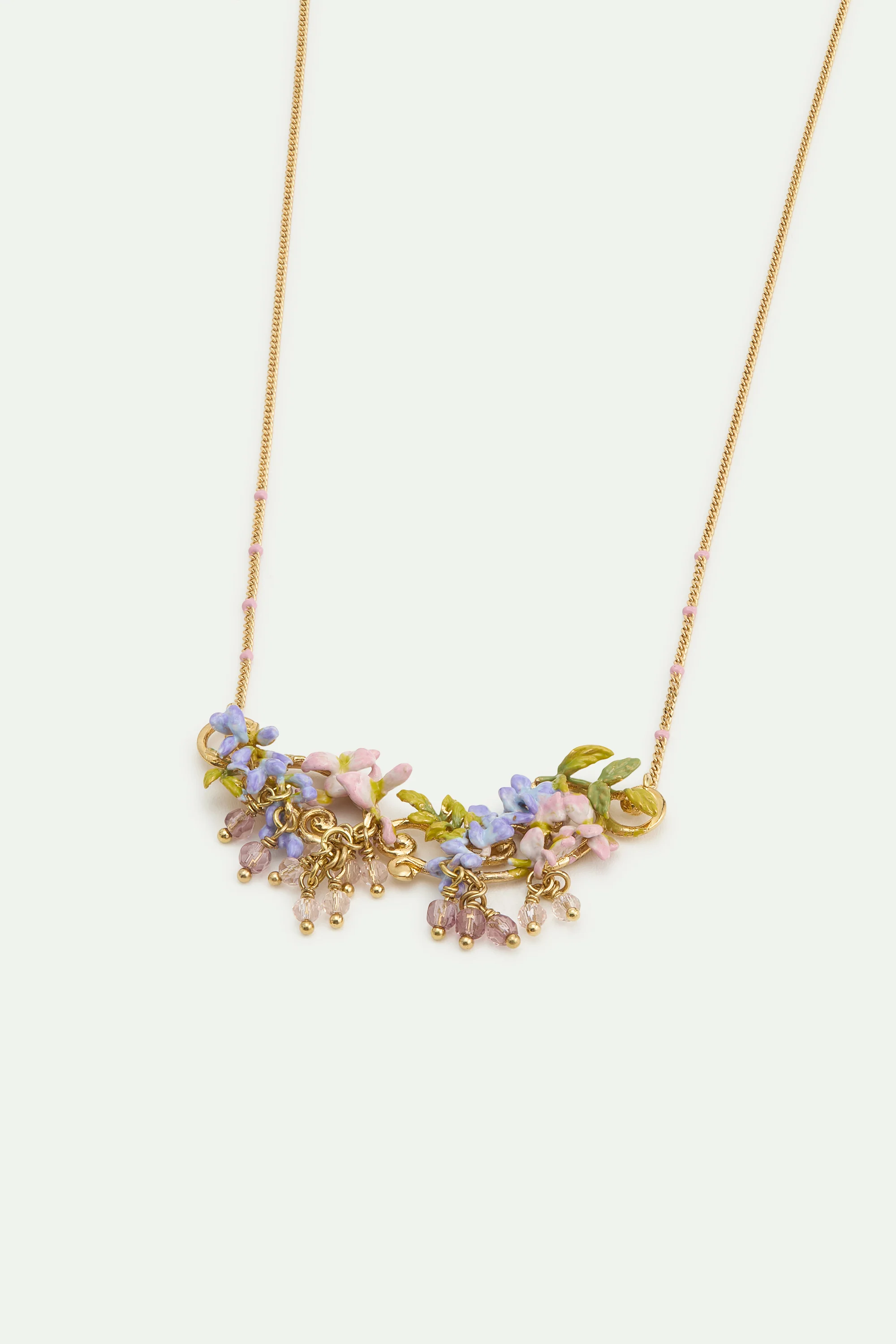 Statement Necklace with Pink and Purple Wisteria on a Golden Arabesque, Adorned with Ivy and Dangling Faceted Pink and White Crystal Beads - Image 2