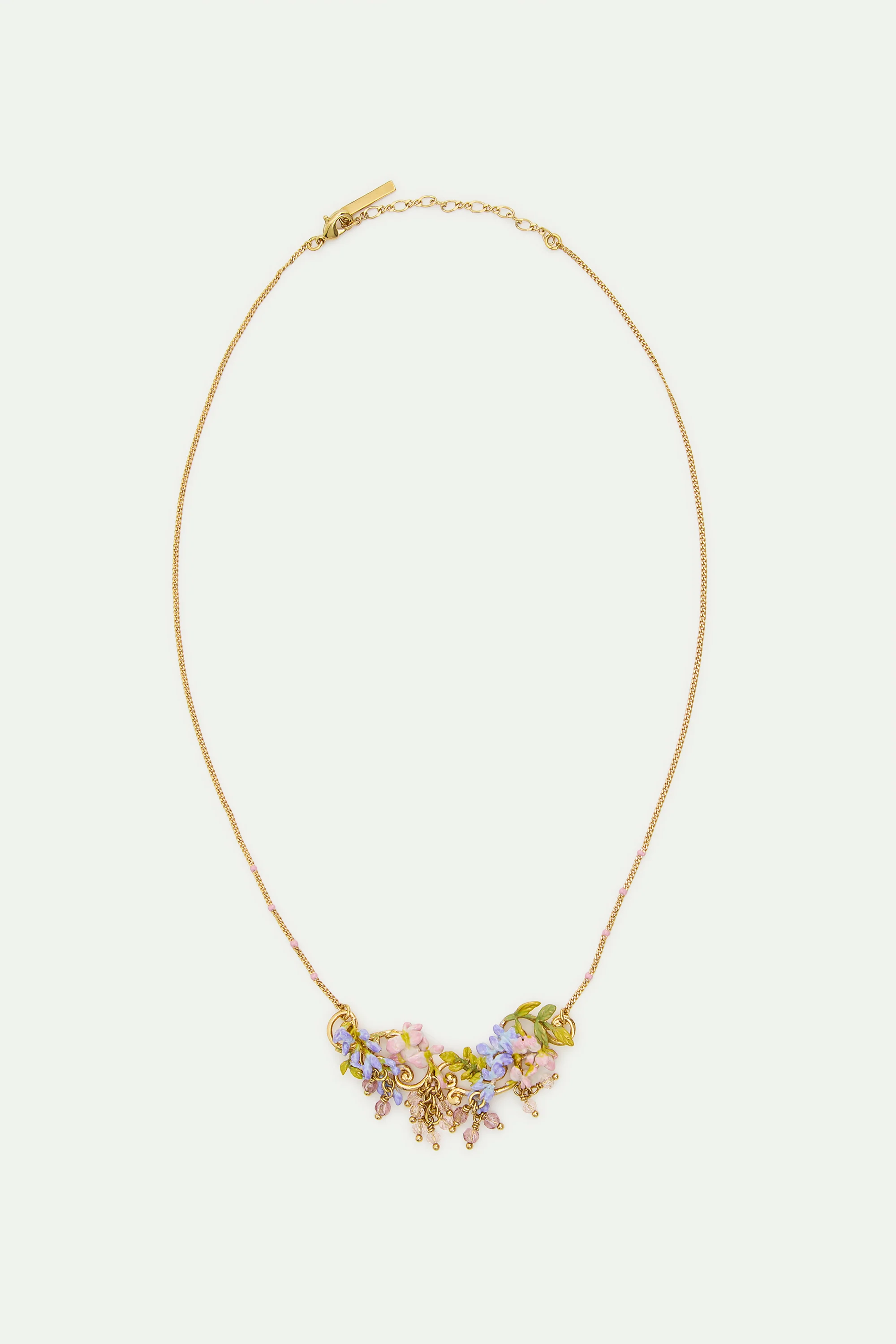 Statement Necklace with Pink and Purple Wisteria on a Golden Arabesque, Adorned with Ivy and Dangling Faceted Pink and White Crystal Beads - Image 3