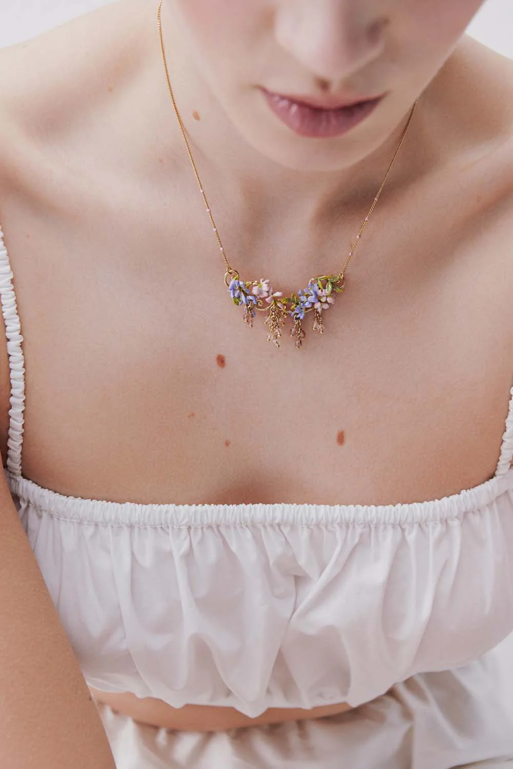 Statement Necklace with Pink and Purple Wisteria on a Golden Arabesque, Adorned with Ivy and Dangling Faceted Pink and White Crystal Beads - Image 4