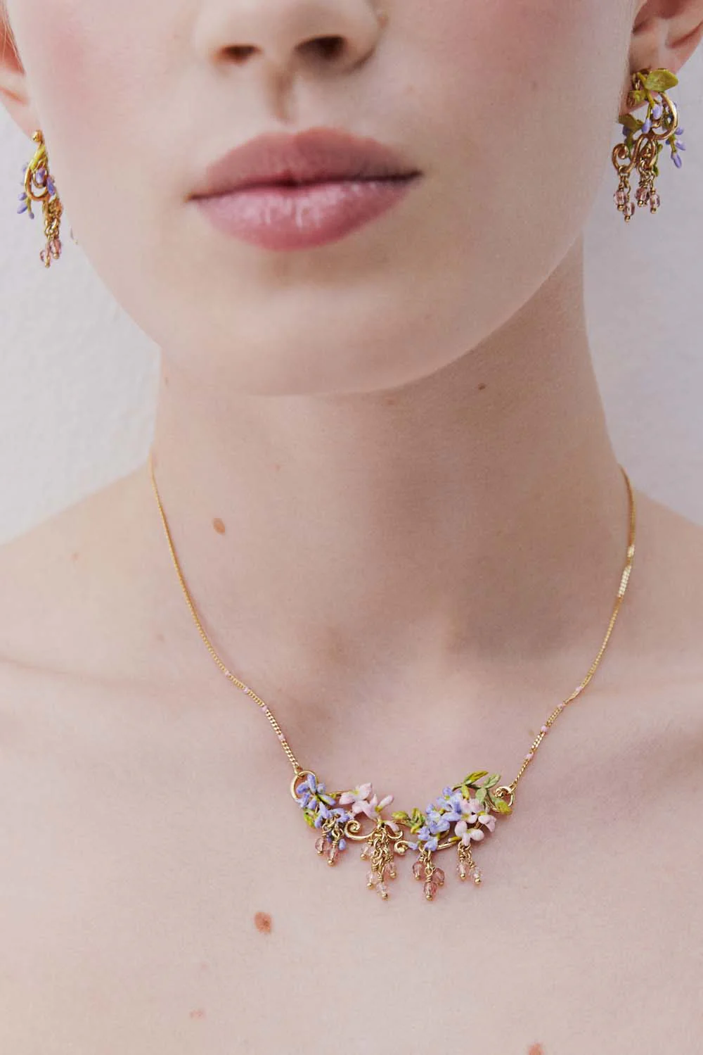 Statement Necklace with Pink and Purple Wisteria on a Golden Arabesque, Adorned with Ivy and Dangling Faceted Pink and White Crystal Beads - Image 5