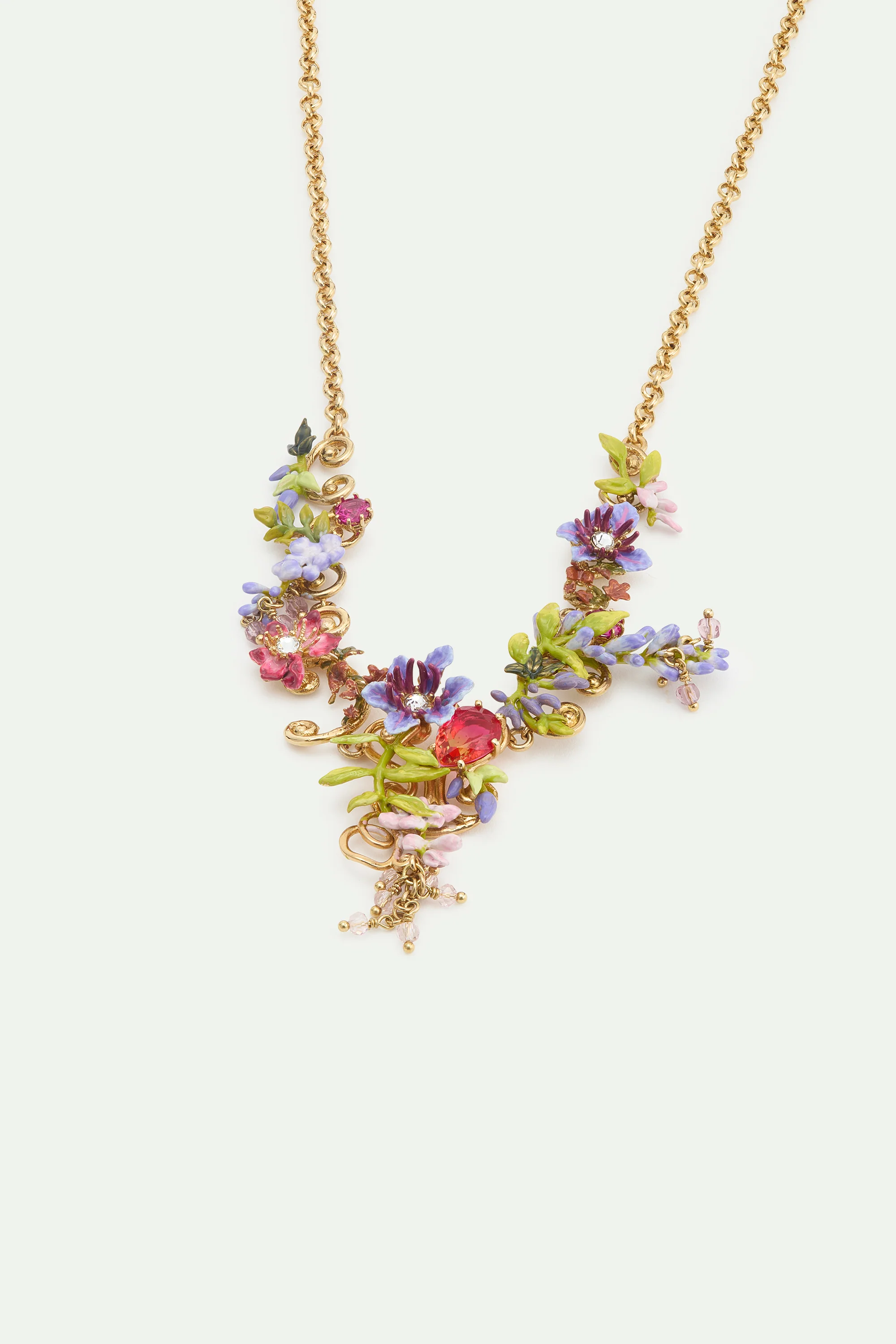 Statement Necklace with Pink and Purple Wisteria on a Golden Arabesque, Adorned with Ivy and Dangling Faceted Pink Crystal Beads - Image 2