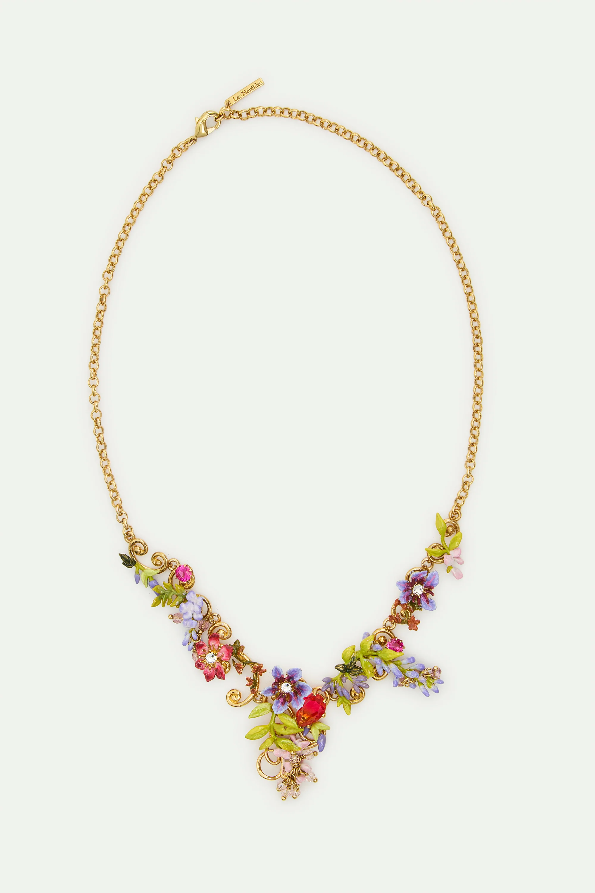 Statement Necklace with Pink and Purple Wisteria on a Golden Arabesque, Adorned with Ivy and Dangling Faceted Pink Crystal Beads - Image 3