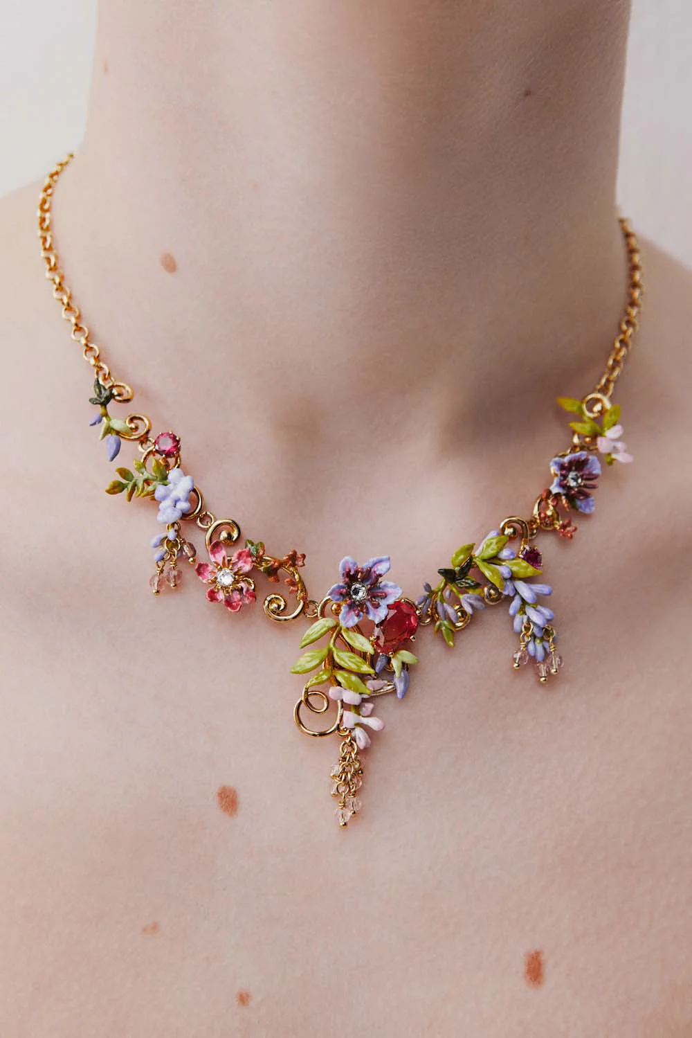 Statement Necklace with Pink and Purple Wisteria on a Golden Arabesque, Adorned with Ivy and Dangling Faceted Pink Crystal Beads - Image 4
